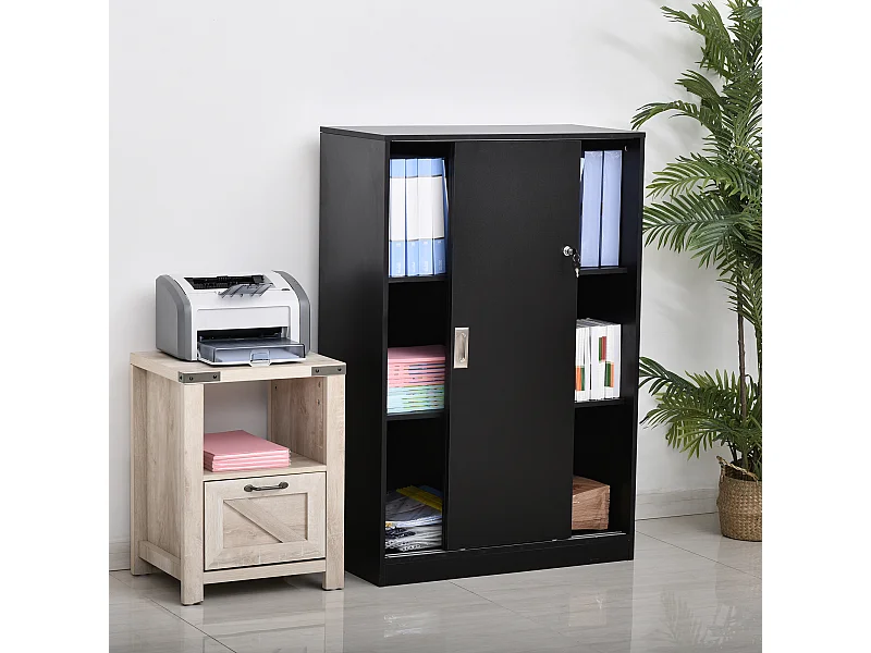 Armoire de bureau 2 portes coulissantes verrouillables dim. 80L x 40l x 120H cm 2 étagères panneaux particules noir