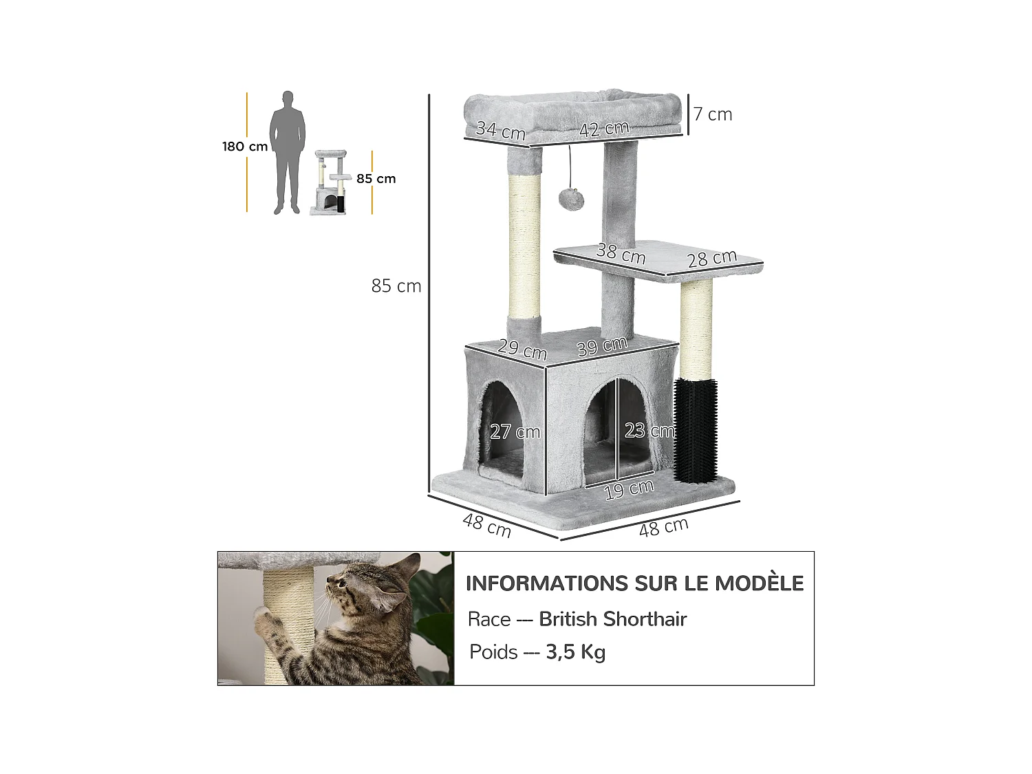 Arbre à chat griffoirs sisal naturel et massant grande niche plateforme panier jeu boule suspendue peluche gris
