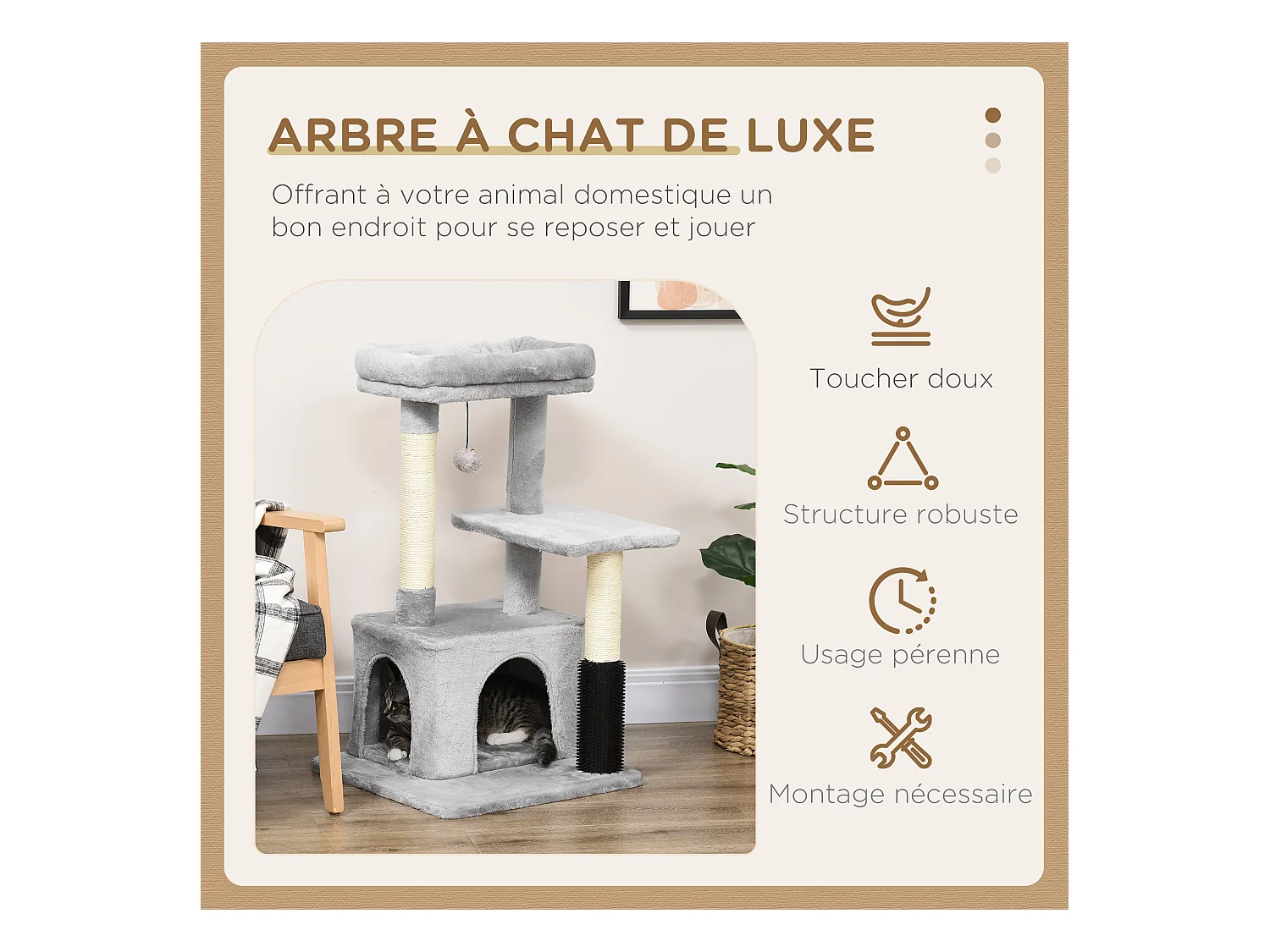 Arbre à chat griffoirs sisal naturel et massant grande niche plateforme panier jeu boule suspendue peluche gris