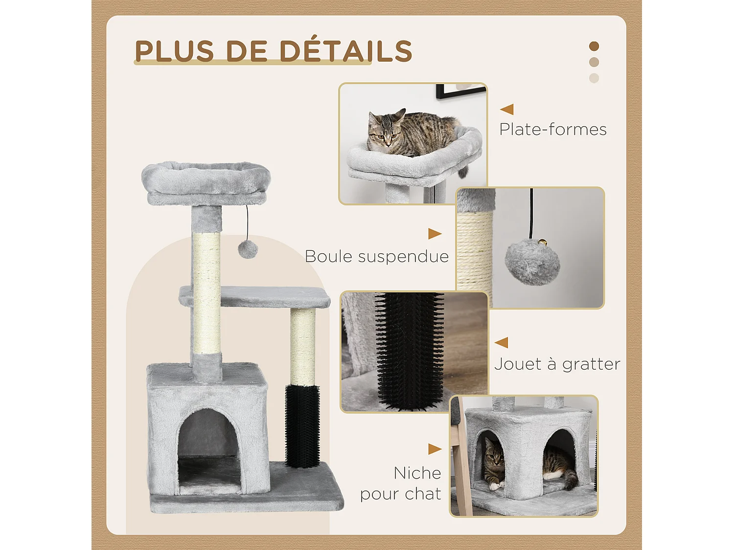 Arbre à chat griffoirs sisal naturel et massant grande niche plateforme panier jeu boule suspendue peluche gris