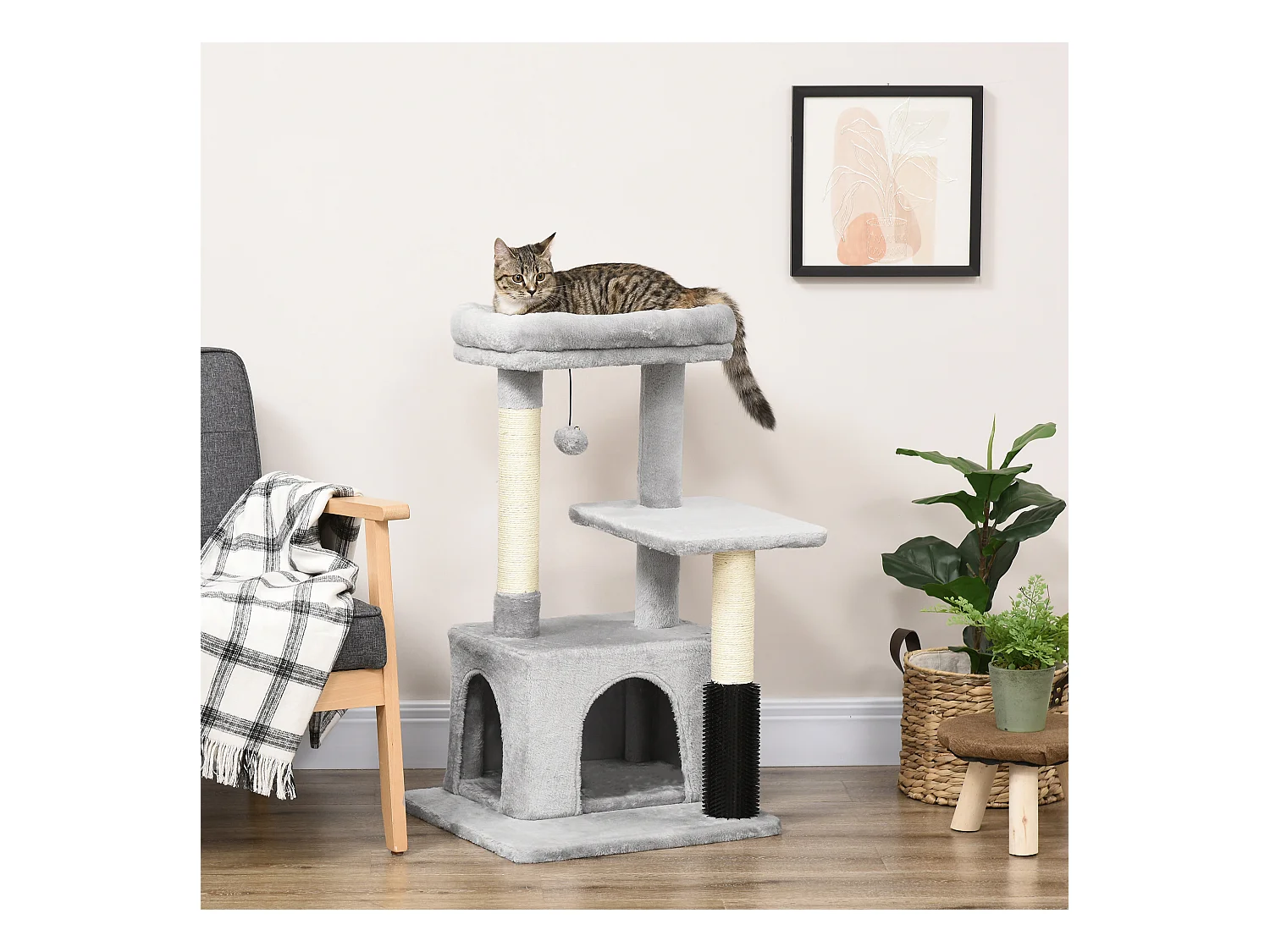 Arbre à chat griffoirs sisal naturel et massant grande niche plateforme panier jeu boule suspendue peluche gris