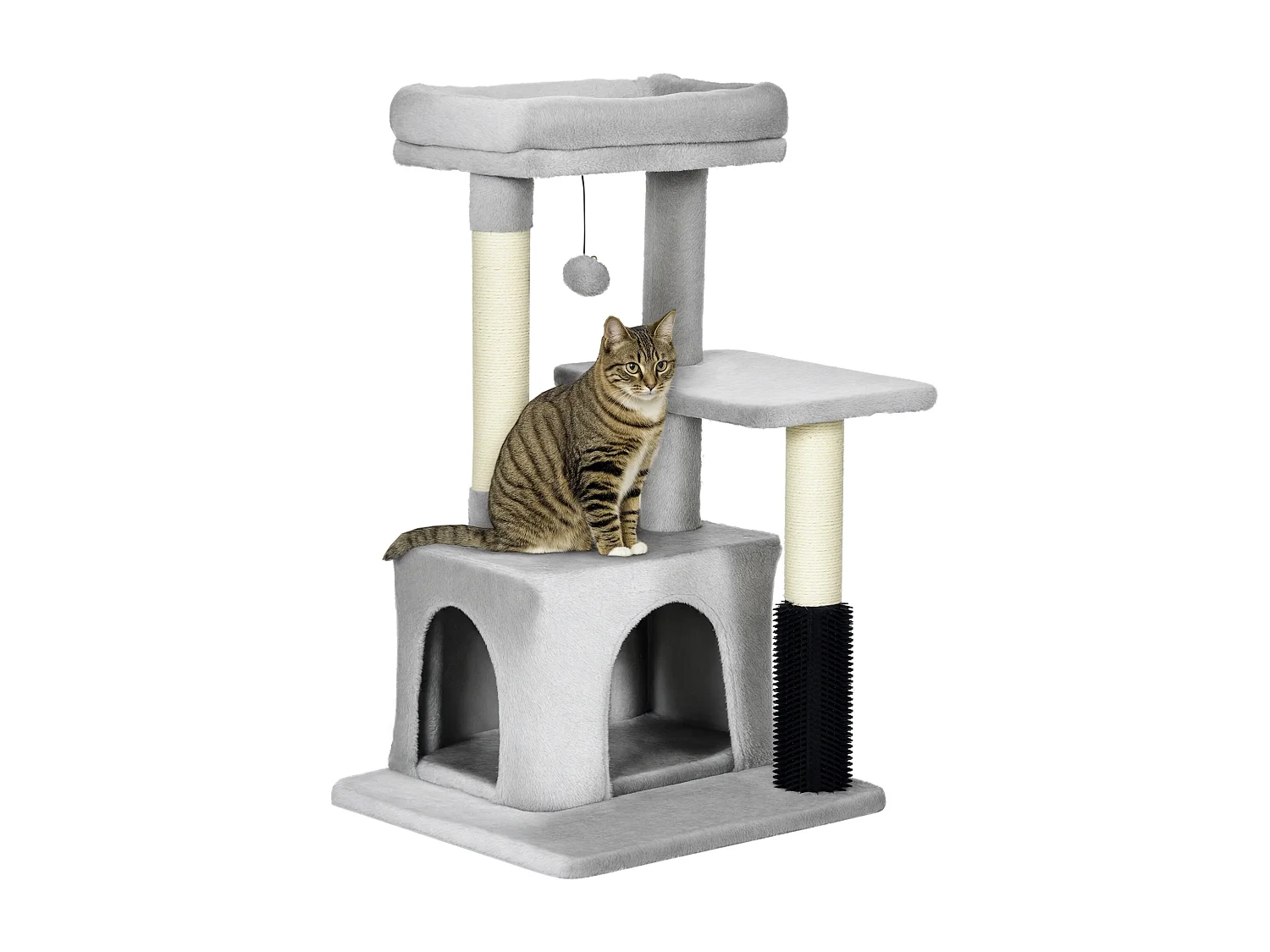 Arbre à chat griffoirs sisal naturel et massant grande niche plateforme panier jeu boule suspendue peluche gris