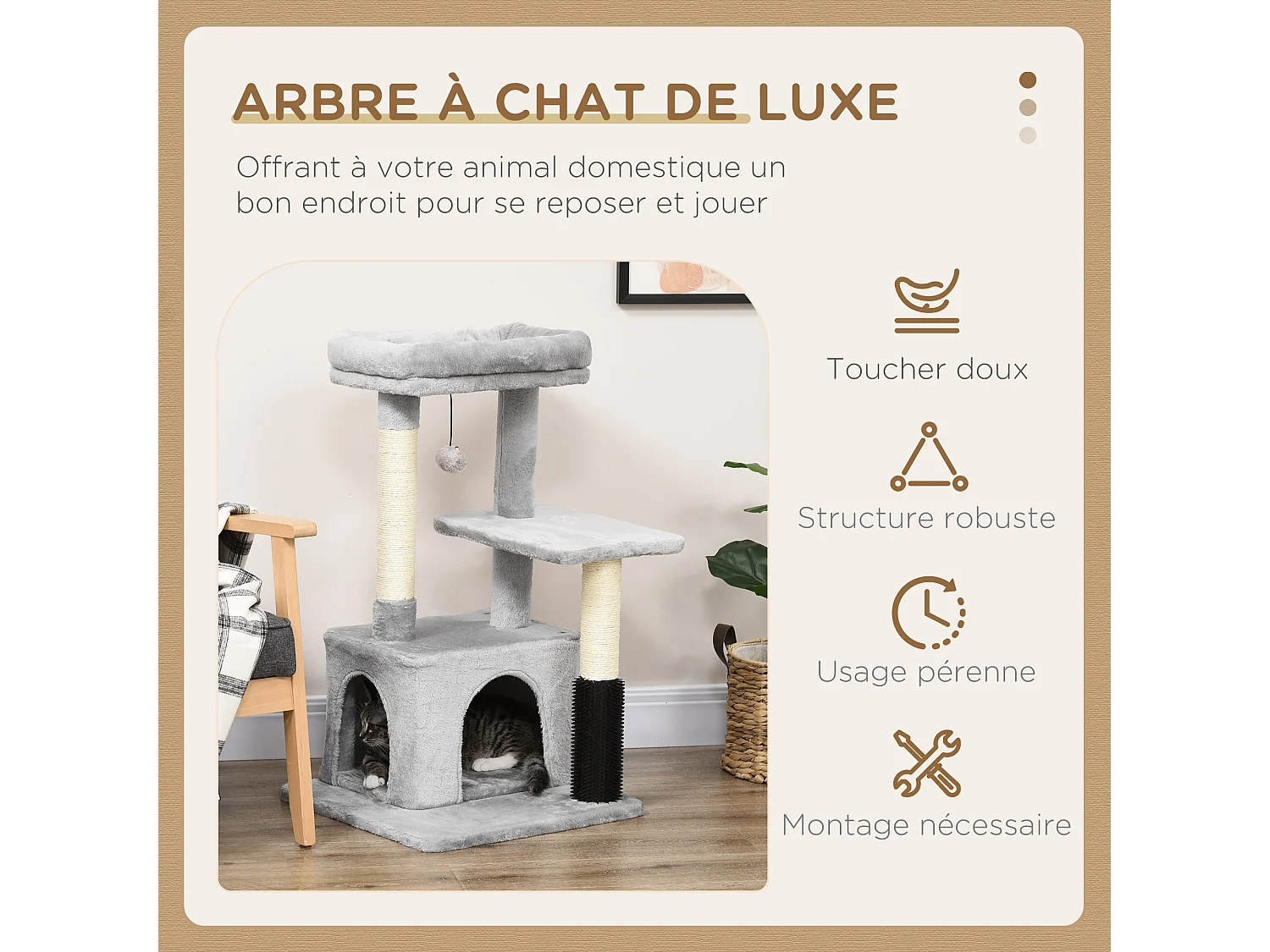 Arbre à chat griffoirs sisal naturel et massant grande niche plateforme panier jeu boule suspendue peluche gris