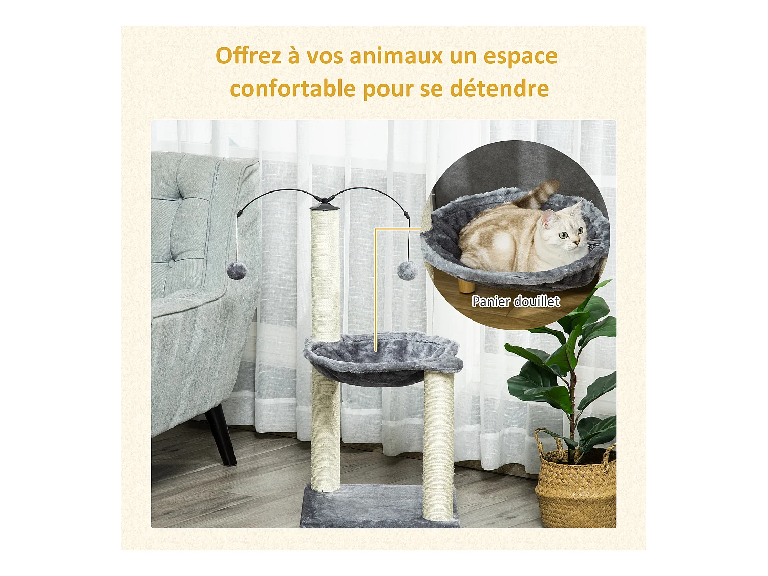 Arbre à chat 2 griffoirs grattoirs sisal naturel hamac jeu 2 boules suspendues peluche haute densité 400 g/m² gris