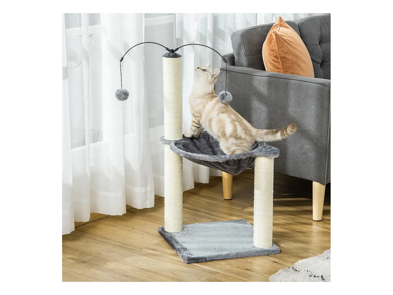 Arbre à chat 2 griffoirs grattoirs sisal naturel hamac jeu 2 boules suspendues peluche haute densité 400 g/m² gris