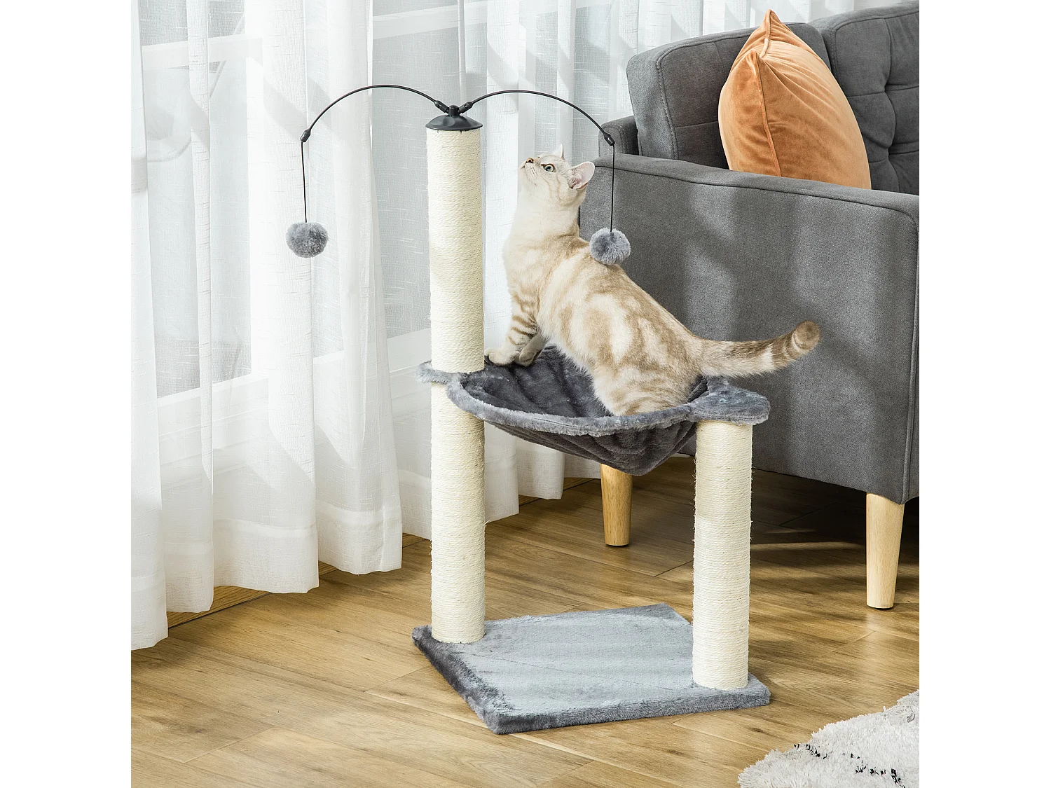 Arbre à chat 2 griffoirs grattoirs sisal naturel hamac jeu 2 boules suspendues peluche haute densité 400 g/m² gris