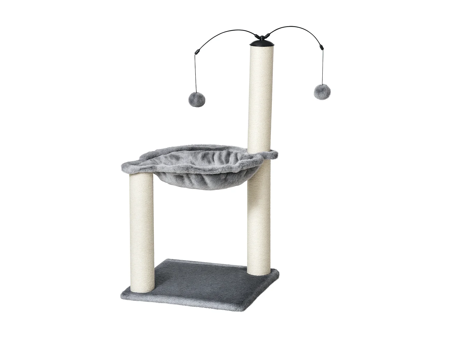 Arbre à chat 2 griffoirs grattoirs sisal naturel hamac jeu 2 boules suspendues peluche haute densité 400 g/m² gris