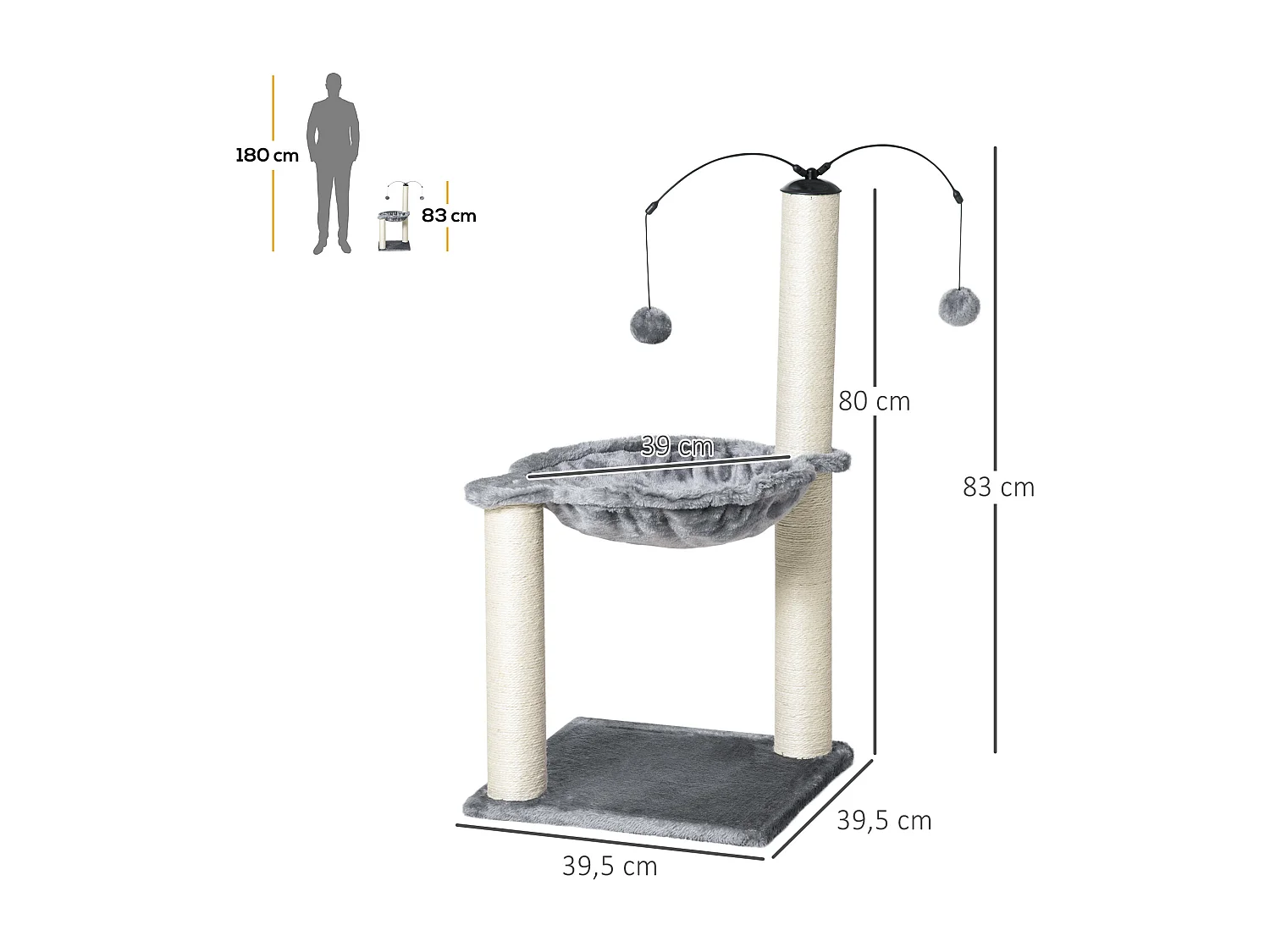 Arbre à chat 2 griffoirs grattoirs sisal naturel hamac jeu 2 boules suspendues peluche haute densité 400 g/m² gris