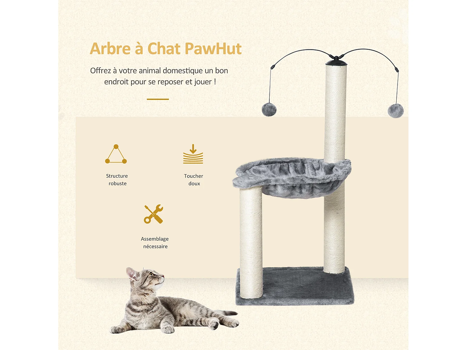Arbre à chat 2 griffoirs grattoirs sisal naturel hamac jeu 2 boules suspendues peluche haute densité 400 g/m² gris