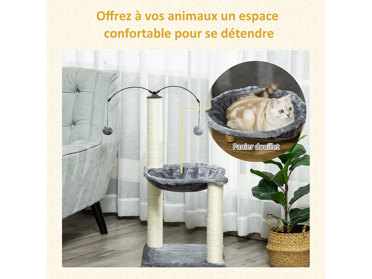 Arbre à chat 2 griffoirs grattoirs sisal naturel hamac jeu 2 boules suspendues peluche haute densité 400 g/m² gris