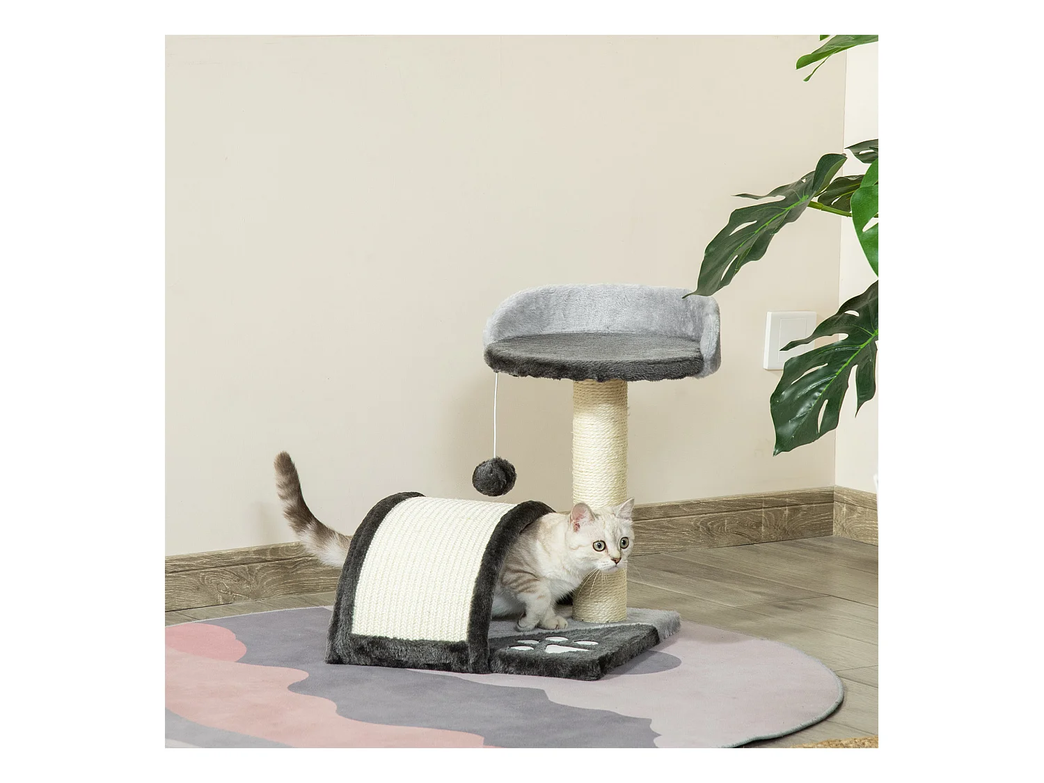 Arbre à chat griffoir grattoir design jeu boule suspendue + plateforme peluche sisal naturel gris