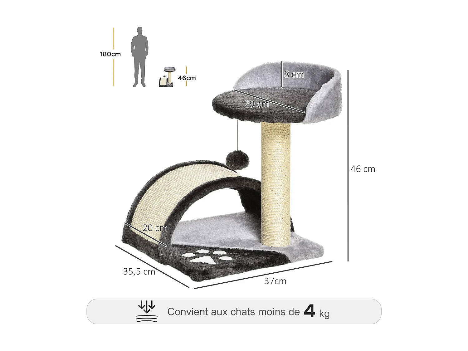 Arbre à chat griffoir grattoir design jeu boule suspendue + plateforme peluche sisal naturel gris