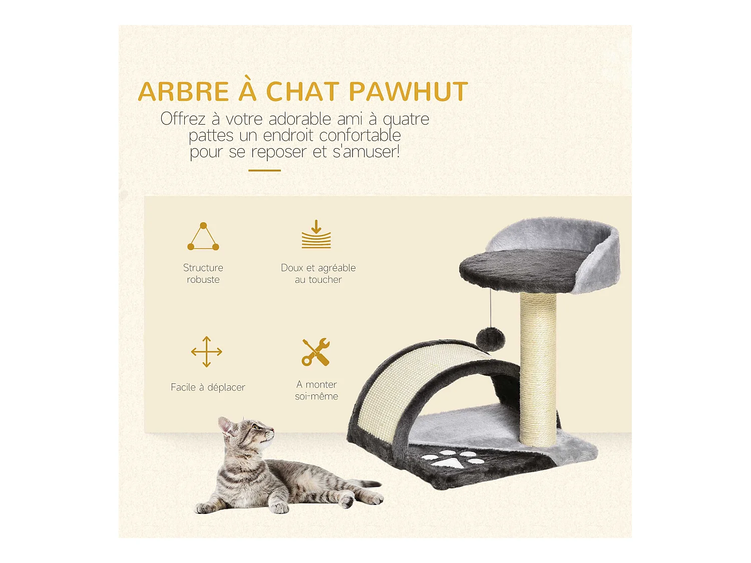 Arbre à chat griffoir grattoir design jeu boule suspendue + plateforme peluche sisal naturel gris
