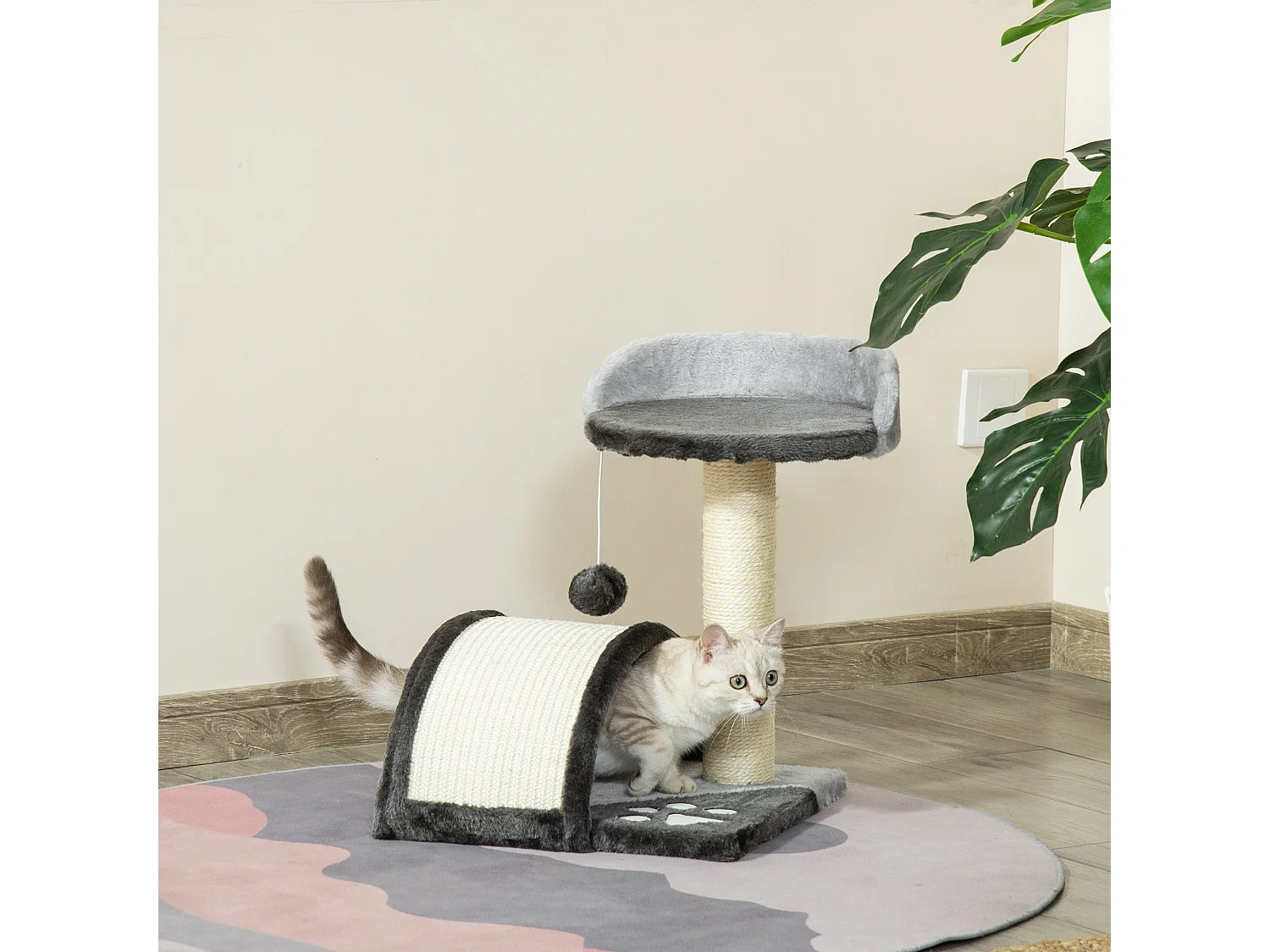 Arbre à chat griffoir grattoir design jeu boule suspendue + plateforme peluche sisal naturel gris