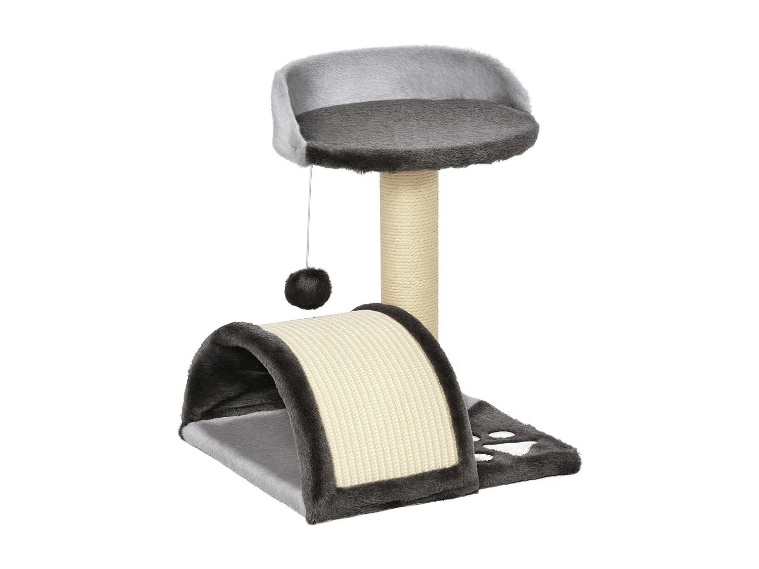 Arbre à chat griffoir grattoir design jeu boule suspendue + plateforme peluche sisal naturel gris