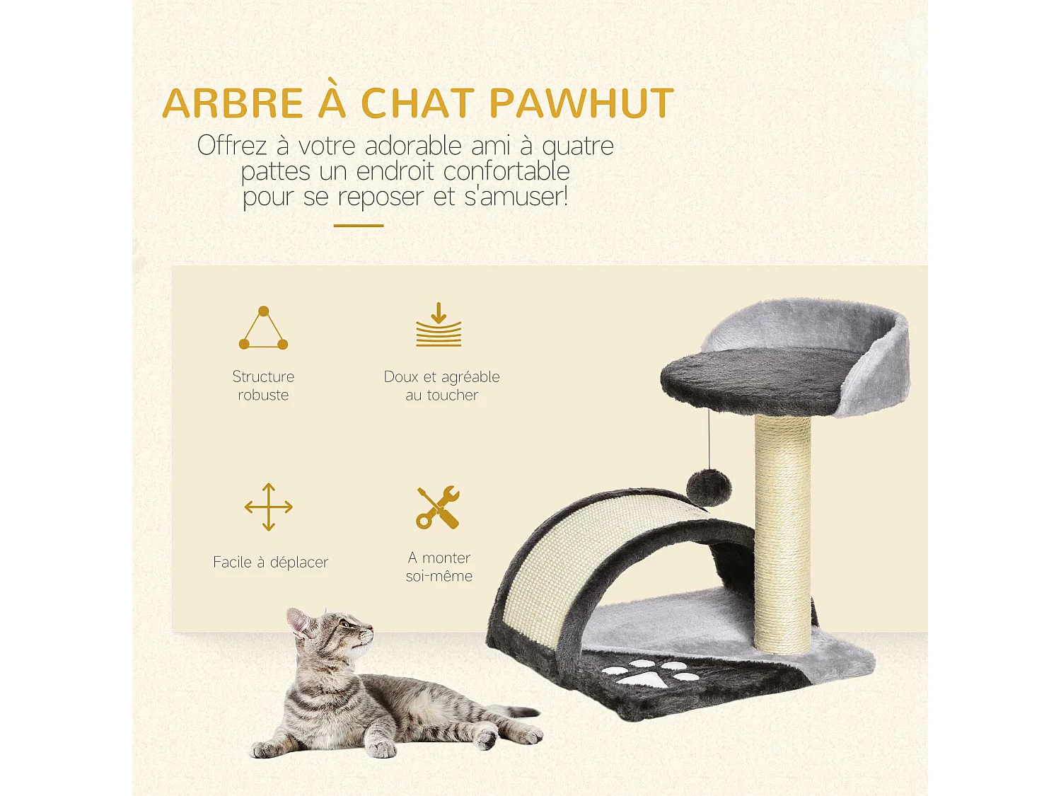Arbre à chat griffoir grattoir design jeu boule suspendue + plateforme peluche sisal naturel gris
