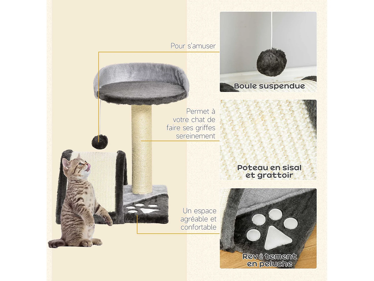 Arbre à chat griffoir grattoir design jeu boule suspendue + plateforme peluche sisal naturel gris