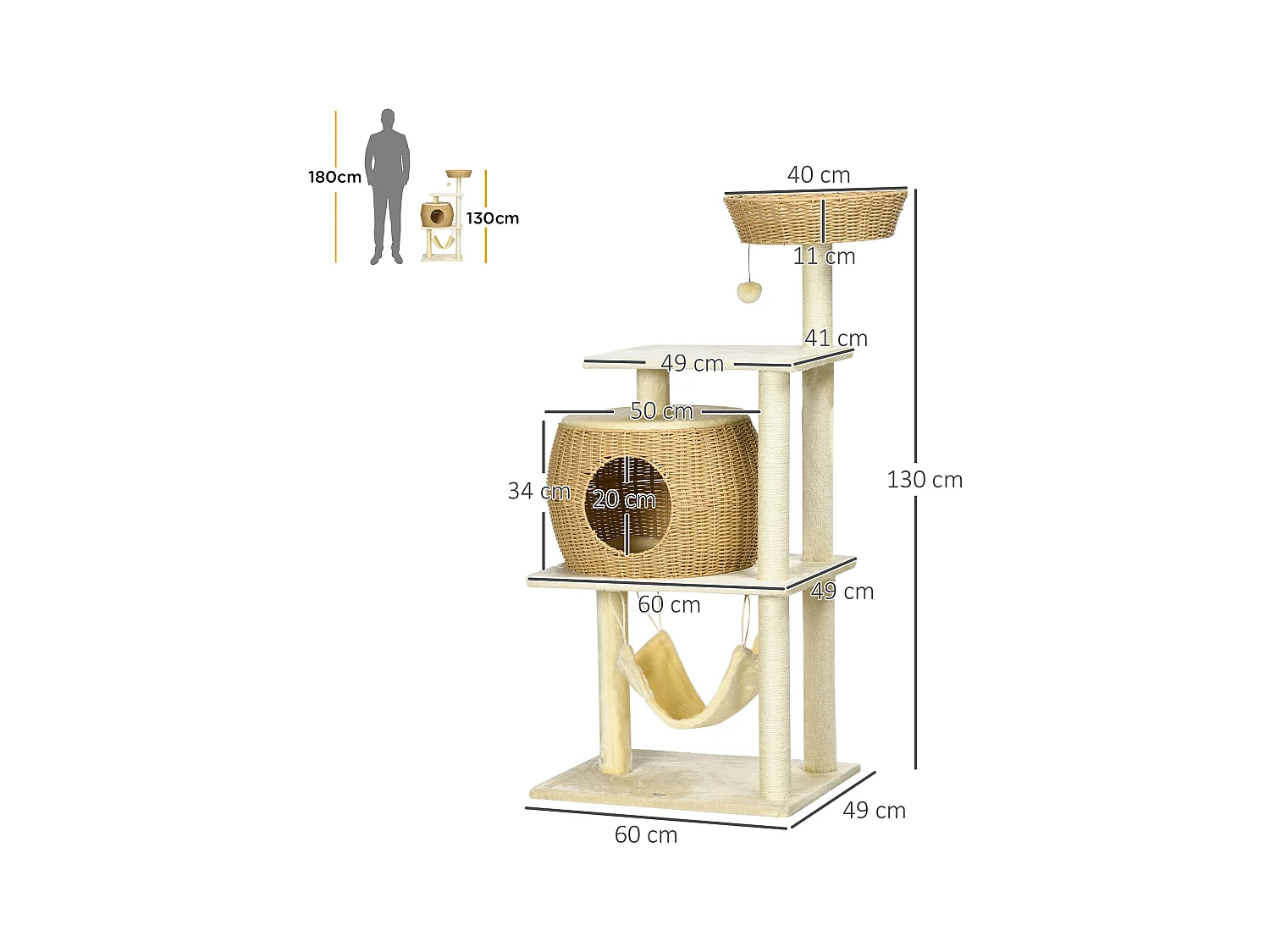 Arbre à chat style cosy chic griffoirs sisal naturel niche coussin hamac plateforme panier observation boule suspendue résine tressée beige