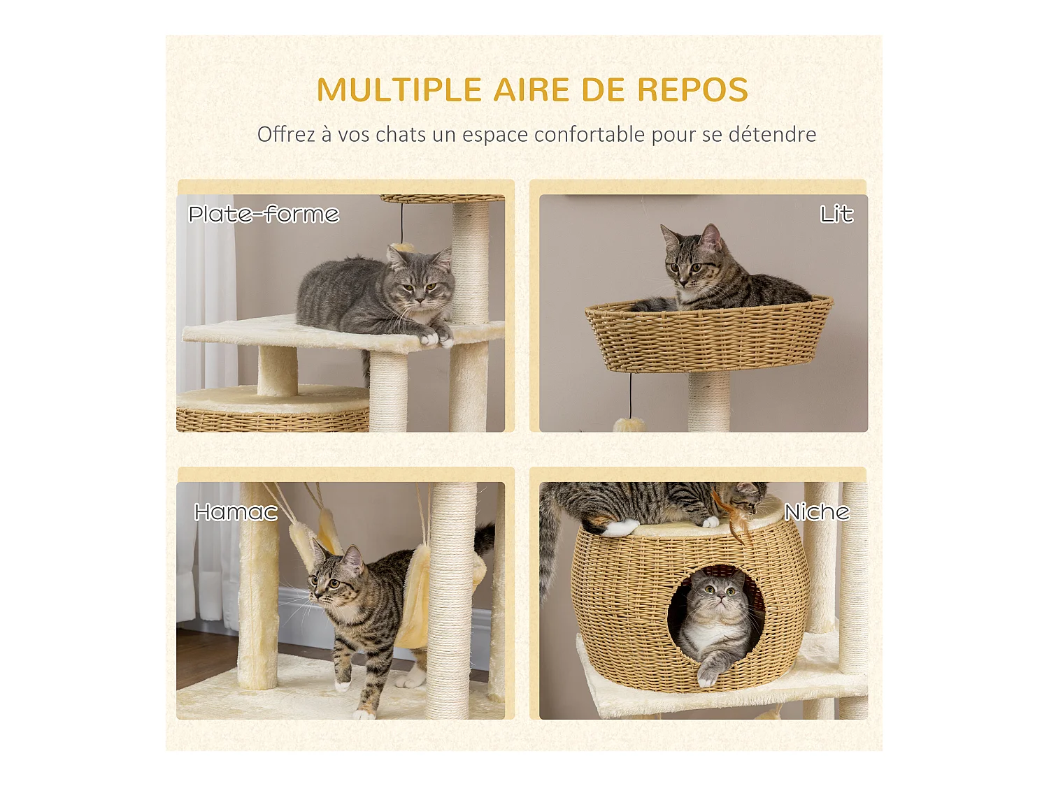 Arbre à chat style cosy chic griffoirs sisal naturel niche coussin hamac plateforme panier observation boule suspendue résine tressée beige