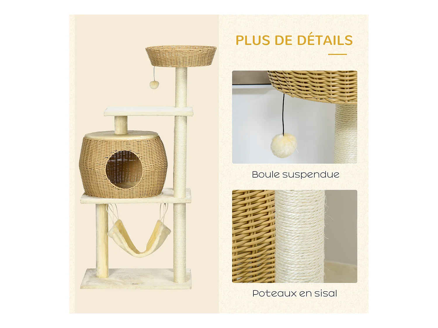 Arbre à chat style cosy chic griffoirs sisal naturel niche coussin hamac plateforme panier observation boule suspendue résine tressée beige