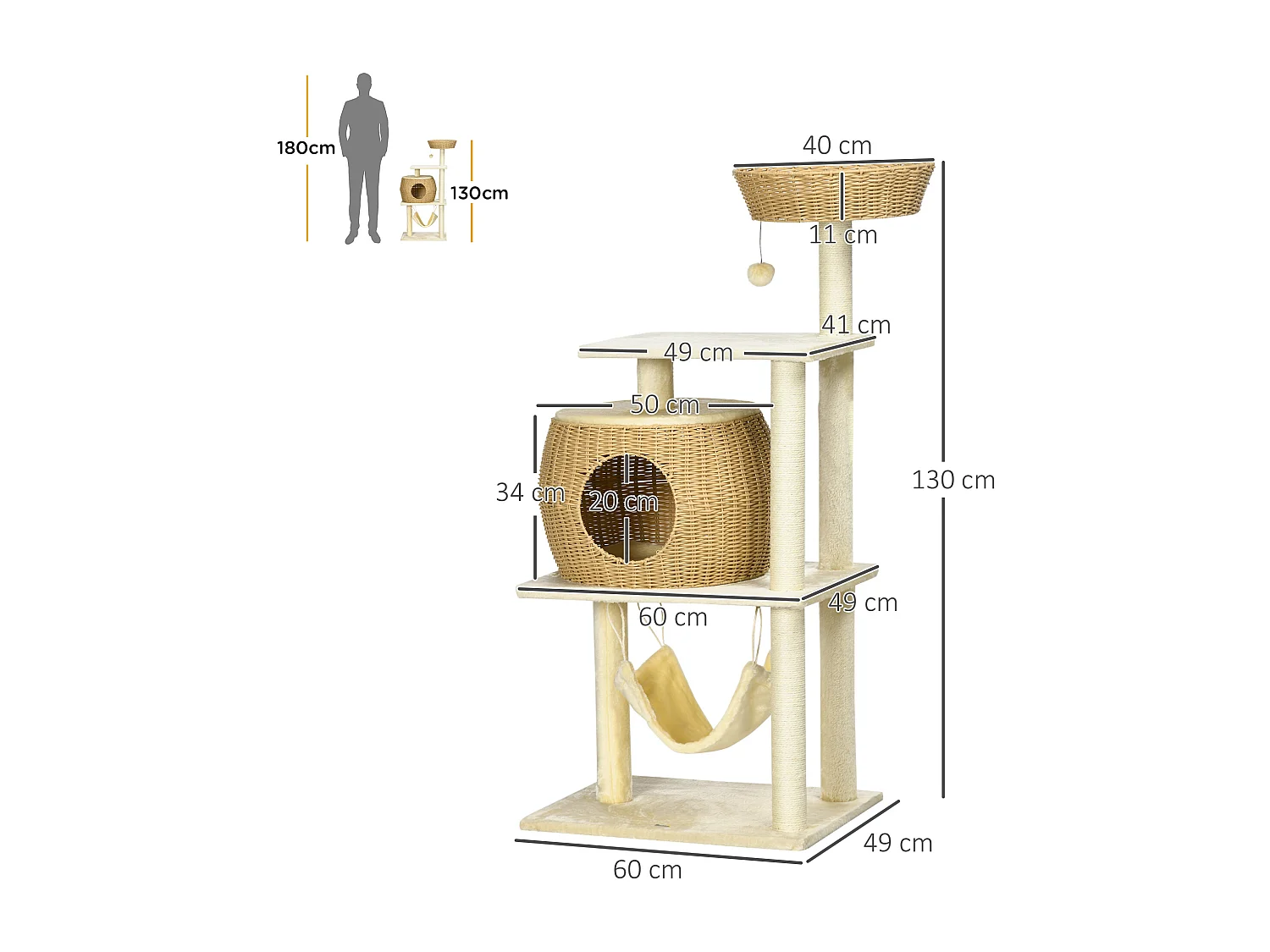 Arbre à chat style cosy chic griffoirs sisal naturel niche coussin hamac plateforme panier observation boule suspendue résine tressée beige