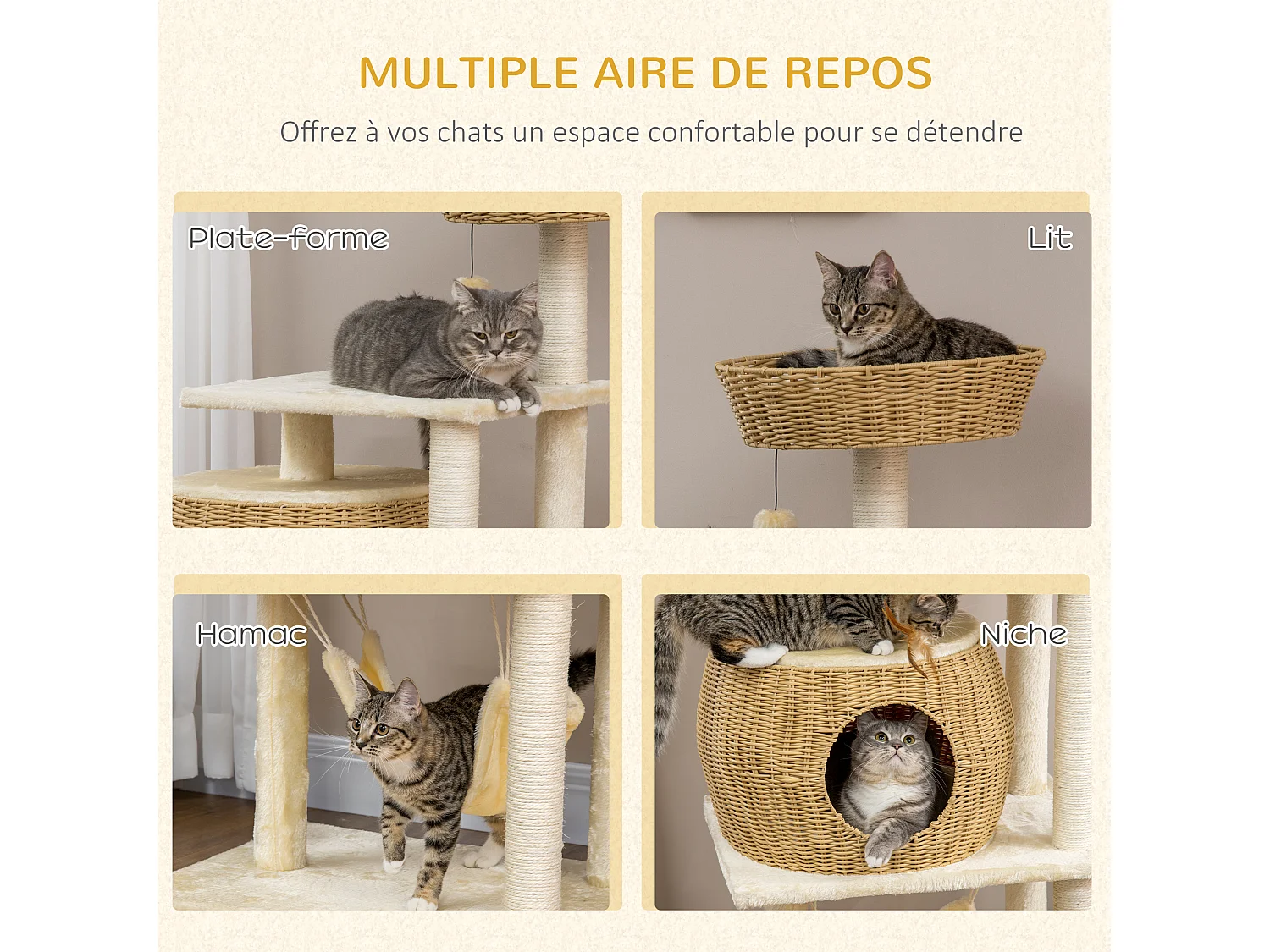 Arbre à chat style cosy chic griffoirs sisal naturel niche coussin hamac plateforme panier observation boule suspendue résine tressée beige