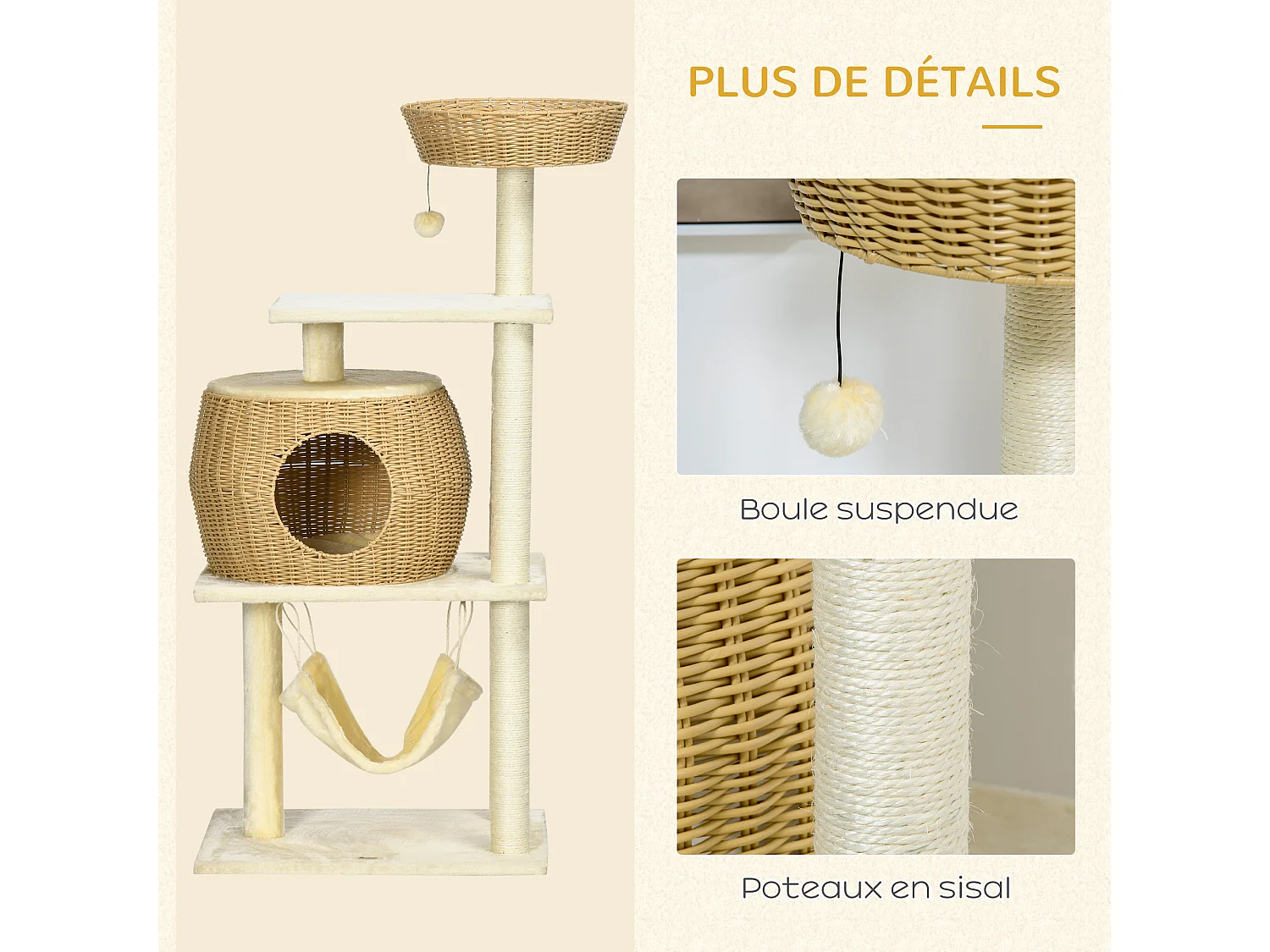 Arbre à chat style cosy chic griffoirs sisal naturel niche coussin hamac plateforme panier observation boule suspendue résine tressée beige