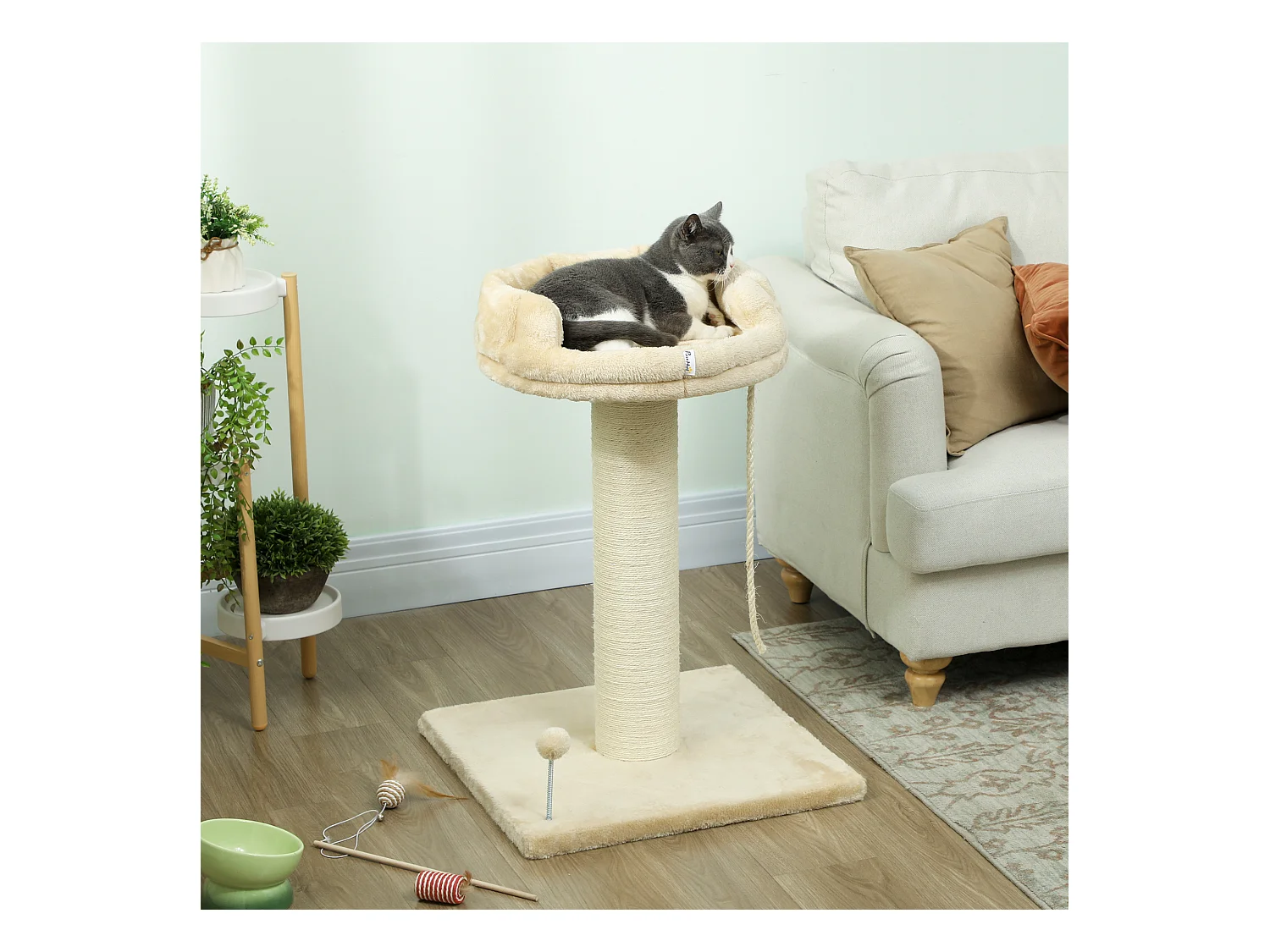 Arbre à chat griffoir grattoir sisal naturel plateforme d'observation corde d'escalade boule à ressort peluche beige