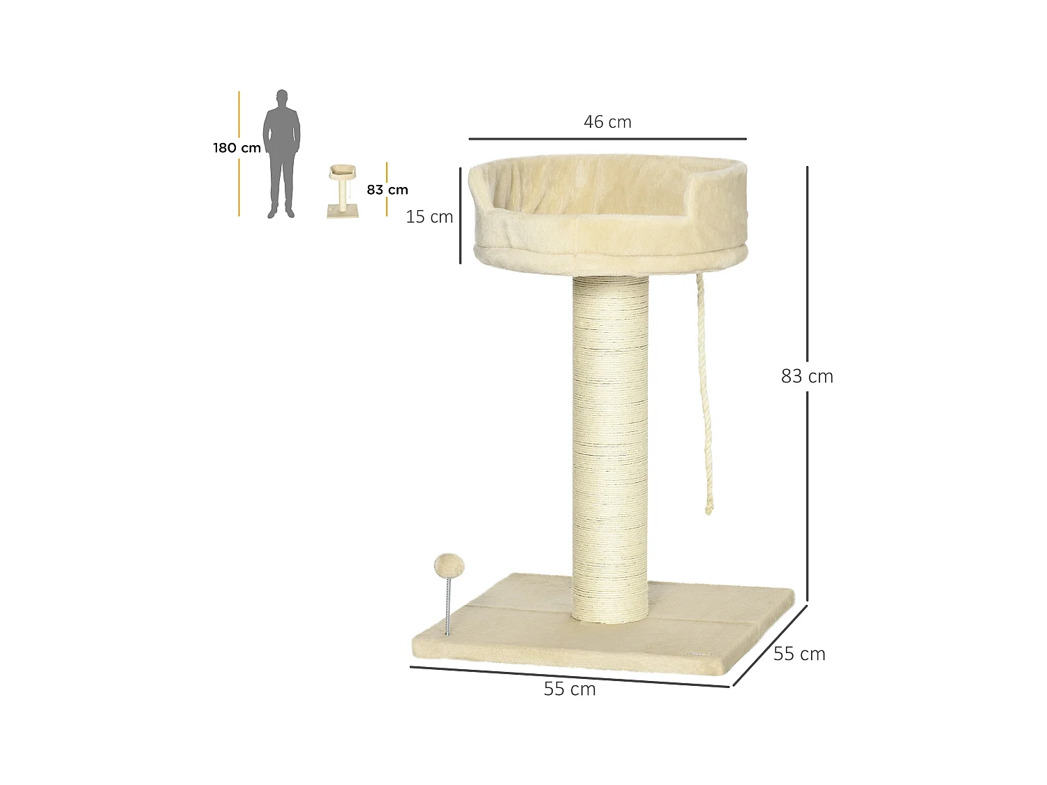 Arbre à chat griffoir grattoir sisal naturel plateforme d'observation corde d'escalade boule à ressort peluche beige
