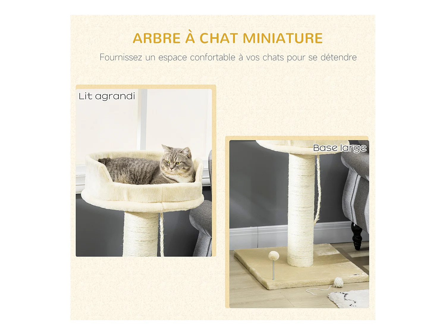 Arbre à chat griffoir grattoir sisal naturel plateforme d'observation corde d'escalade boule à ressort peluche beige