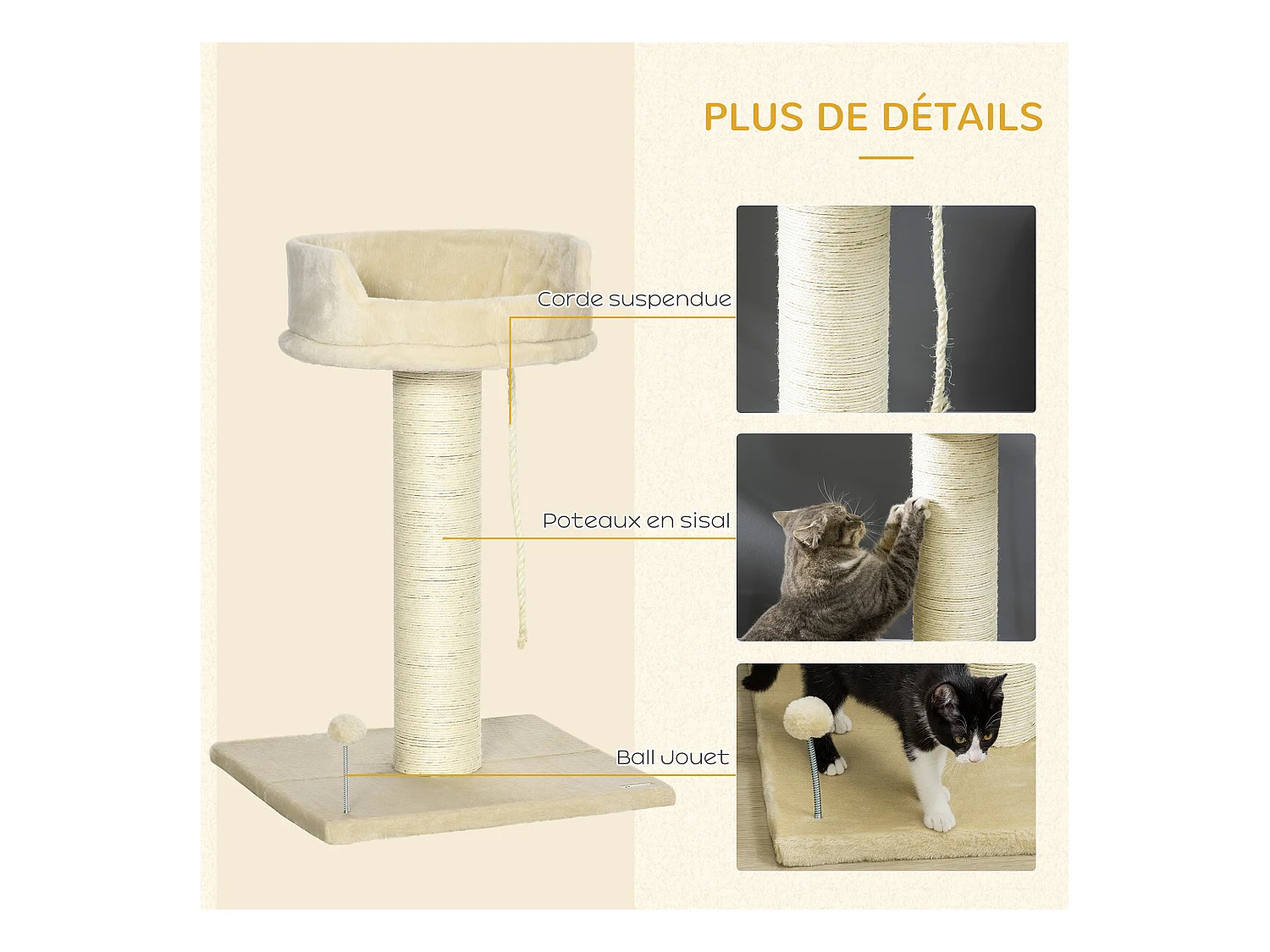 Arbre à chat griffoir grattoir sisal naturel plateforme d'observation corde d'escalade boule à ressort peluche beige