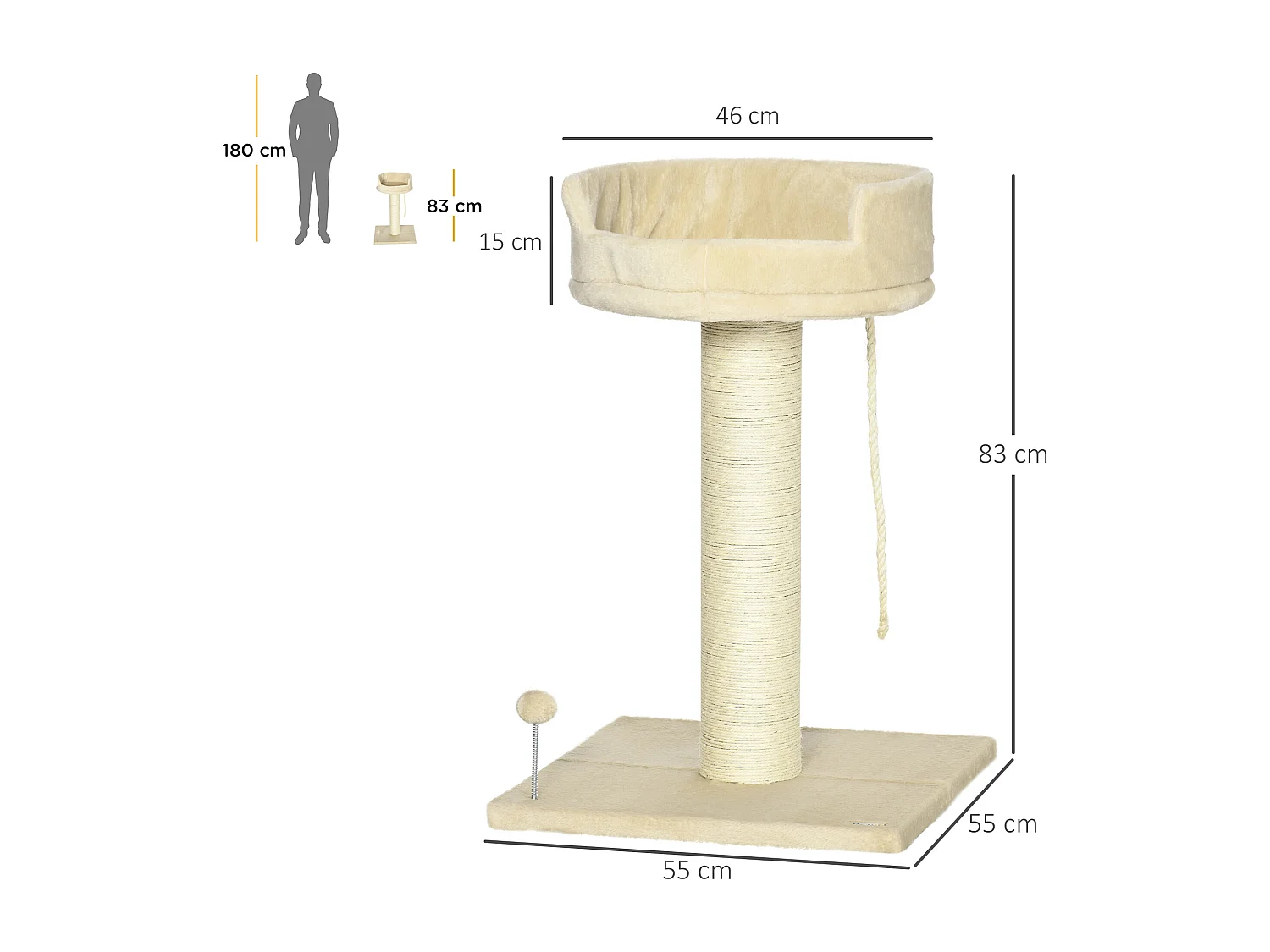 Arbre à chat griffoir grattoir sisal naturel plateforme d'observation corde d'escalade boule à ressort peluche beige