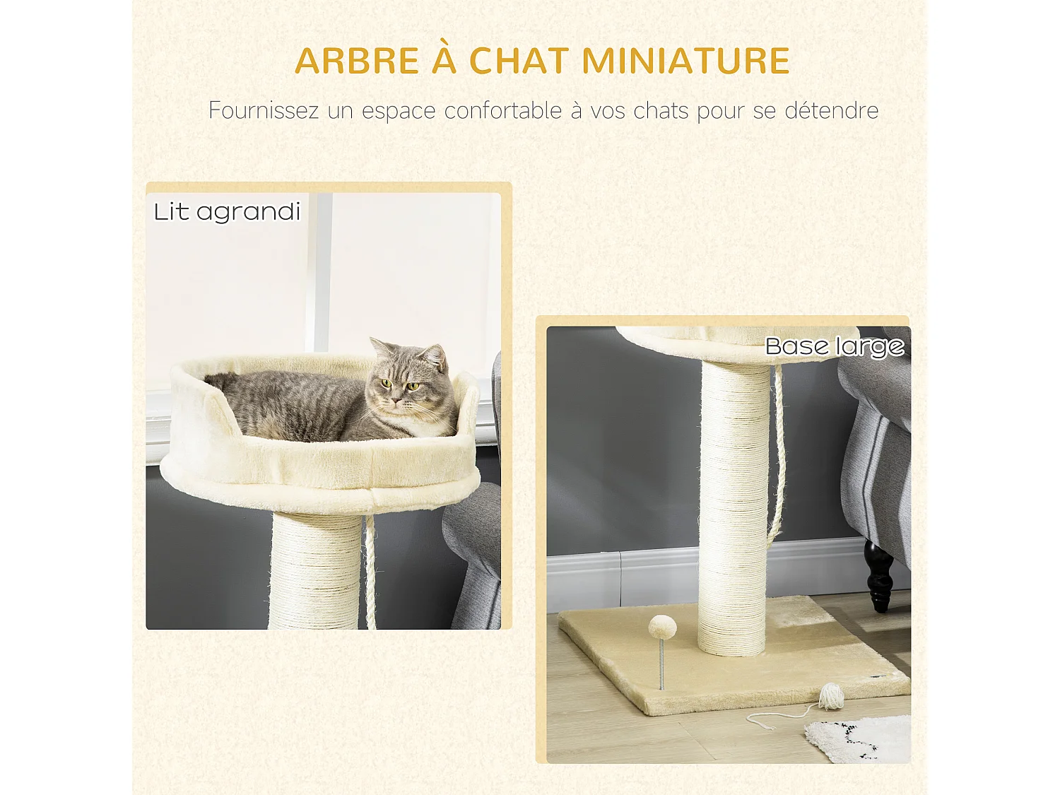 Arbre à chat griffoir grattoir sisal naturel plateforme d'observation corde d'escalade boule à ressort peluche beige