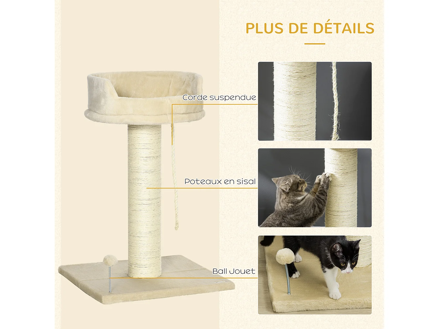Arbre à chat griffoir grattoir sisal naturel plateforme d'observation corde d'escalade boule à ressort peluche beige