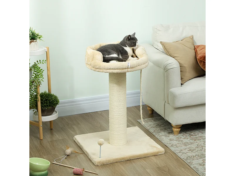 Arbre à chat griffoir grattoir sisal naturel plateforme d'observation corde d'escalade boule à ressort peluche beige