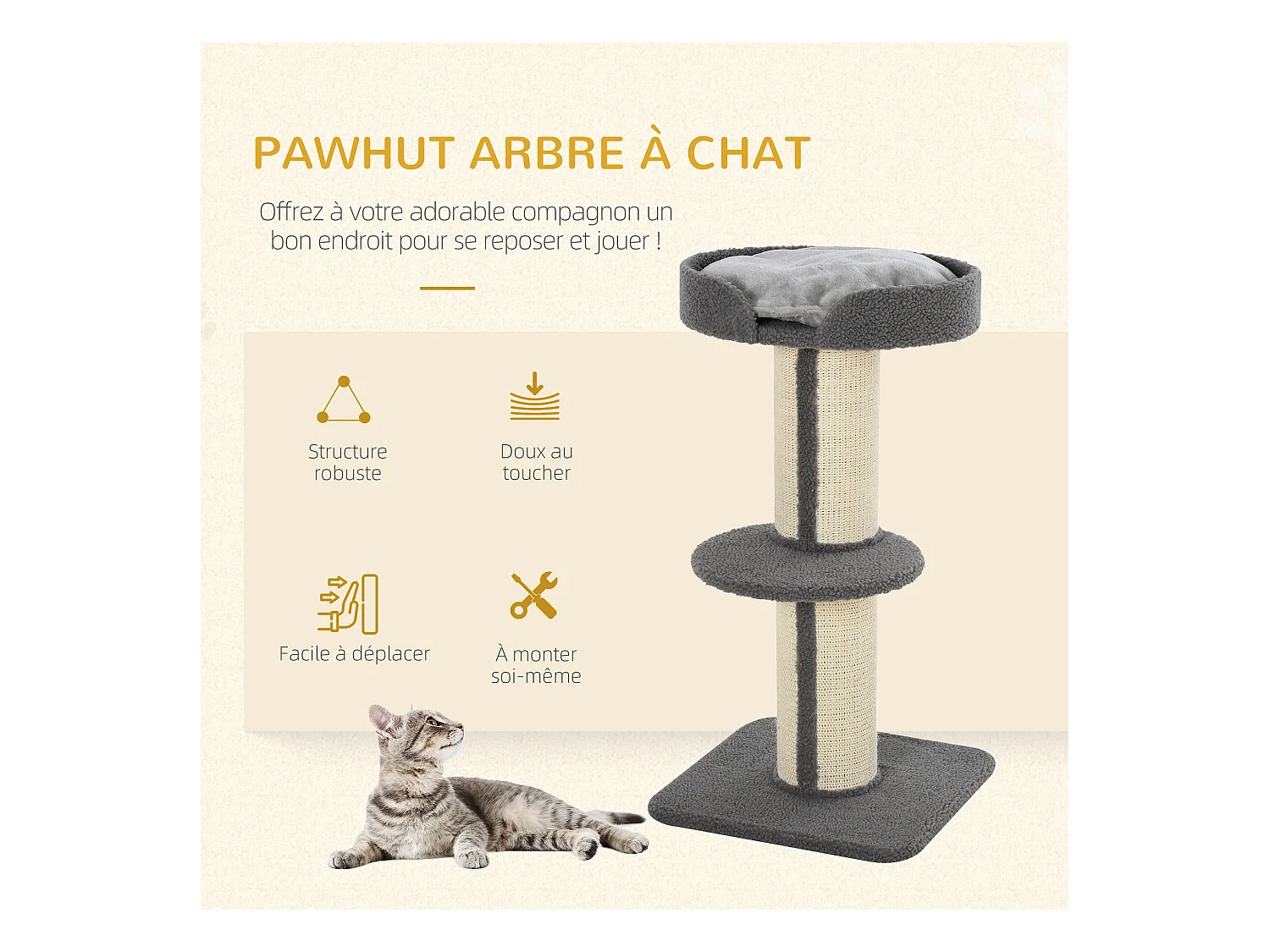 Arbre à chat avec griffoir centre d'activités 2 plateformes coussin gris