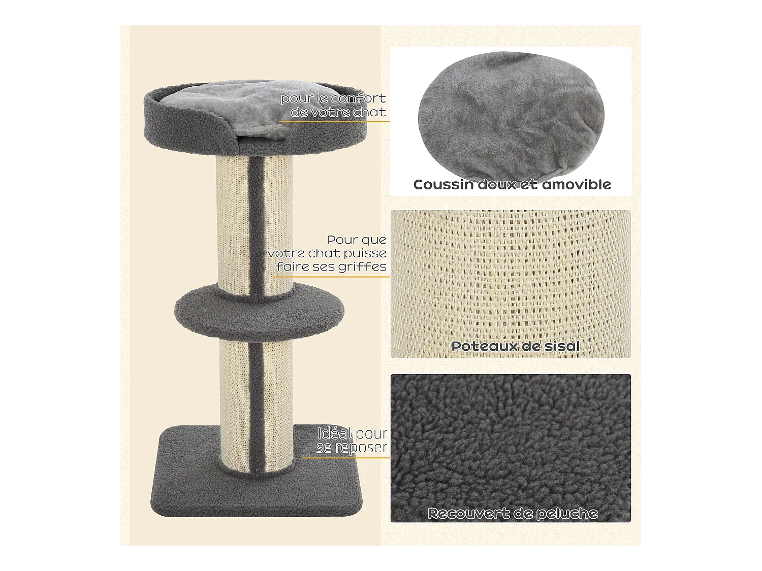 Arbre à chat avec griffoir centre d'activités 2 plateformes coussin gris