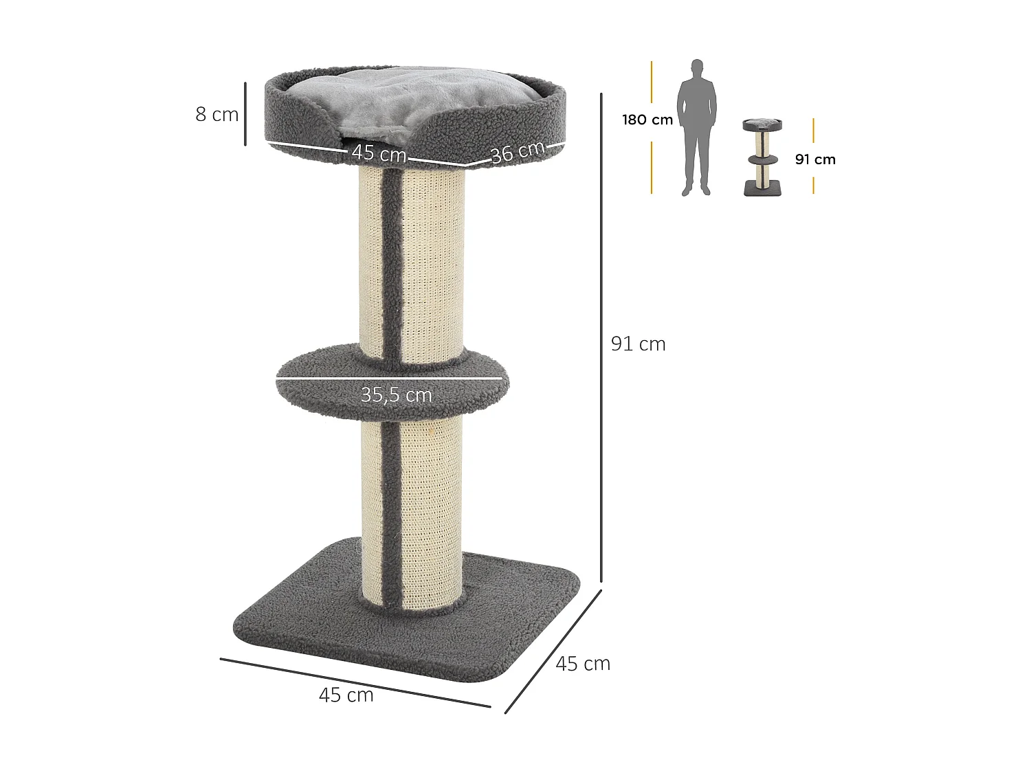 Arbre à chat avec griffoir centre d'activités 2 plateformes coussin gris