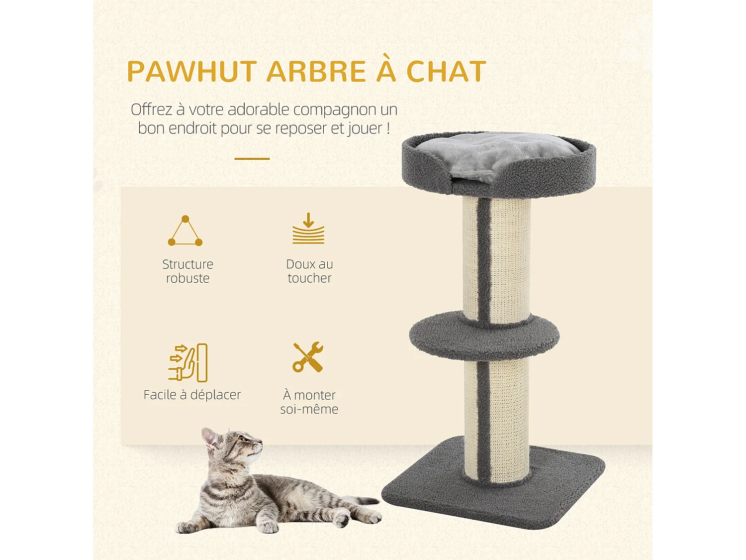 Arbre à chat avec griffoir centre d'activités 2 plateformes coussin gris