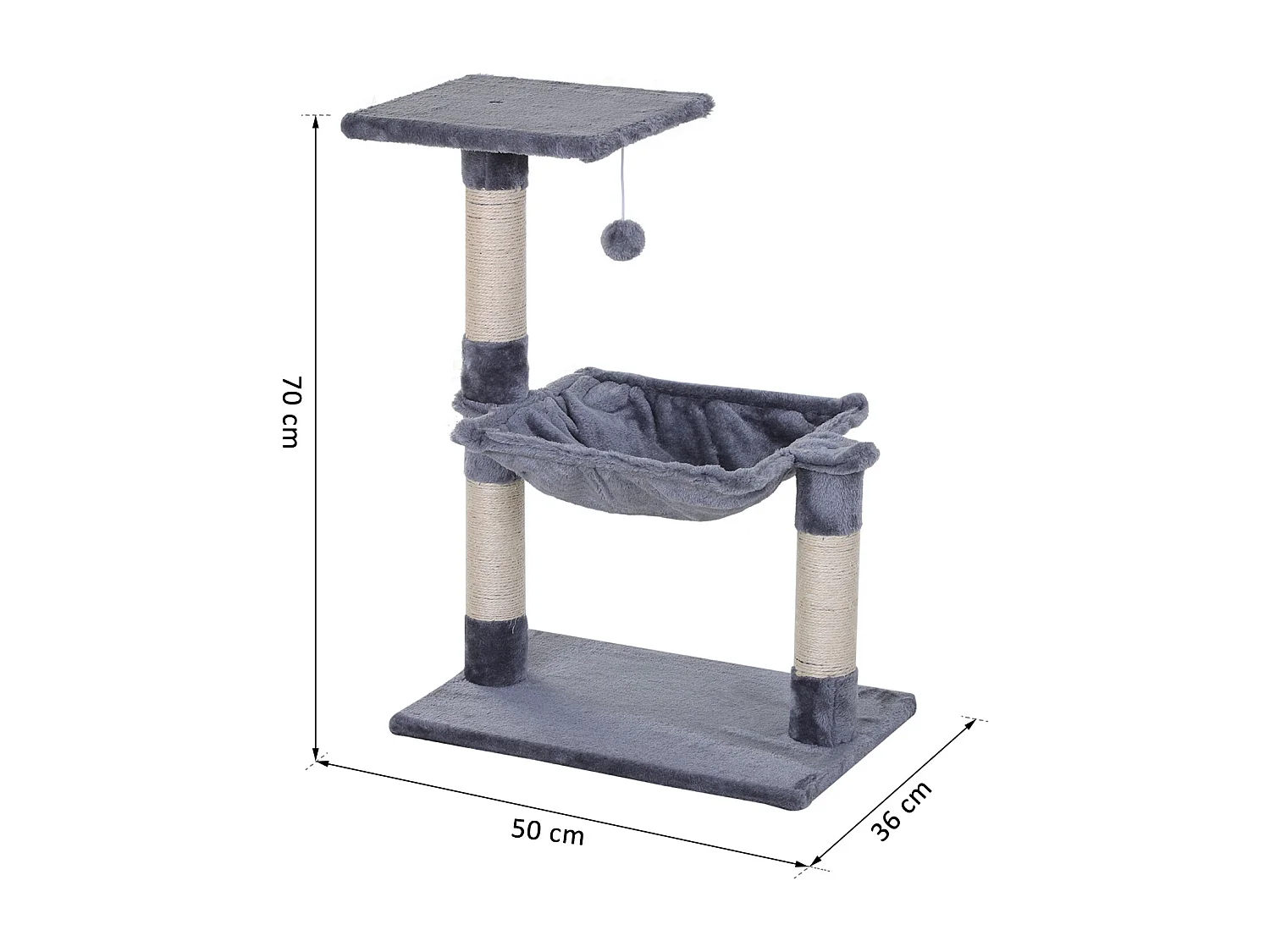 Arbre à chat 3 griffoirs grattoirs sisal naturel plateforme hamac et boule suspendue dim. 50L x 36l x 70H cm peluche haute densité 220 g/m² gris