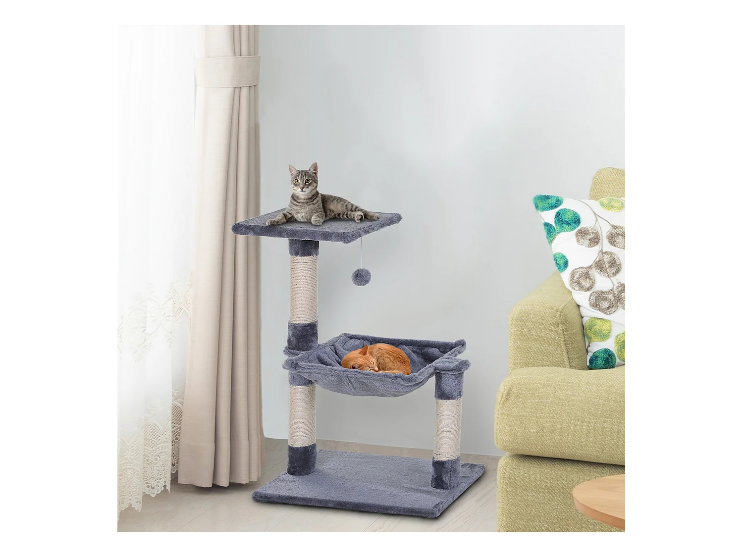 Arbre à chat 3 griffoirs grattoirs sisal naturel plateforme hamac et boule suspendue dim. 50L x 36l x 70H cm peluche haute densité 220 g/m² gris
