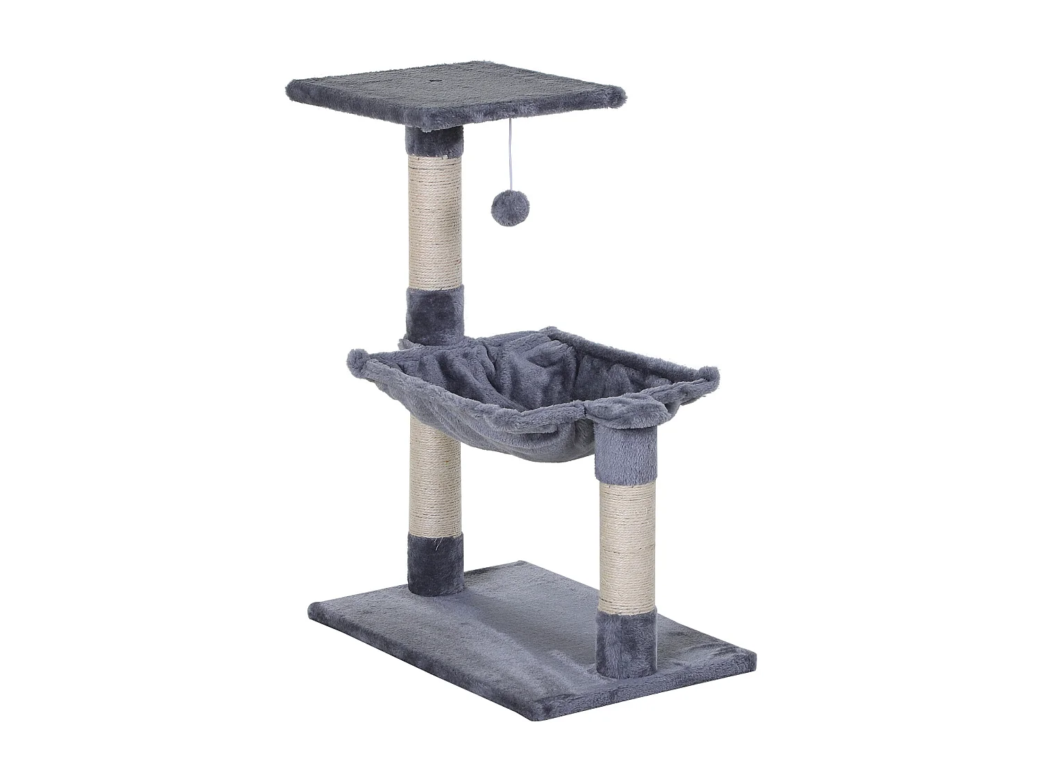 Arbre à chat 3 griffoirs grattoirs sisal naturel plateforme hamac et boule suspendue dim. 50L x 36l x 70H cm peluche haute densité 220 g/m² gris