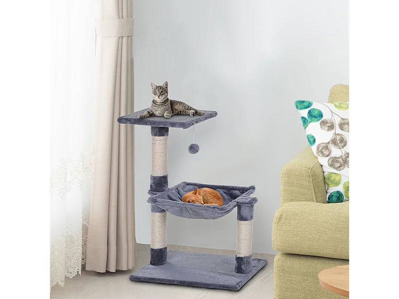Arbre à chat 3 griffoirs grattoirs sisal naturel plateforme hamac et boule suspendue dim. 50L x 36l x 70H cm peluche haute densité 220 g/m² gris