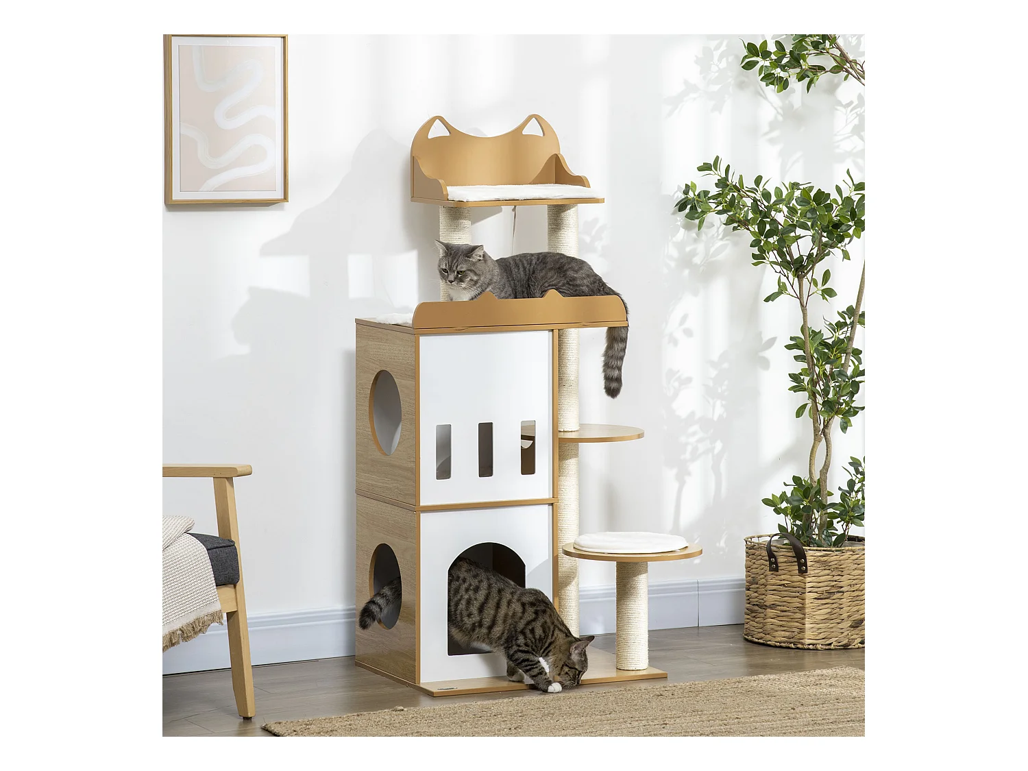 Arbre à chat design contemporain griffoir sisal naturel 2 niches plateformes jeu boule suspendue MDF blanc aspect hêtre clair