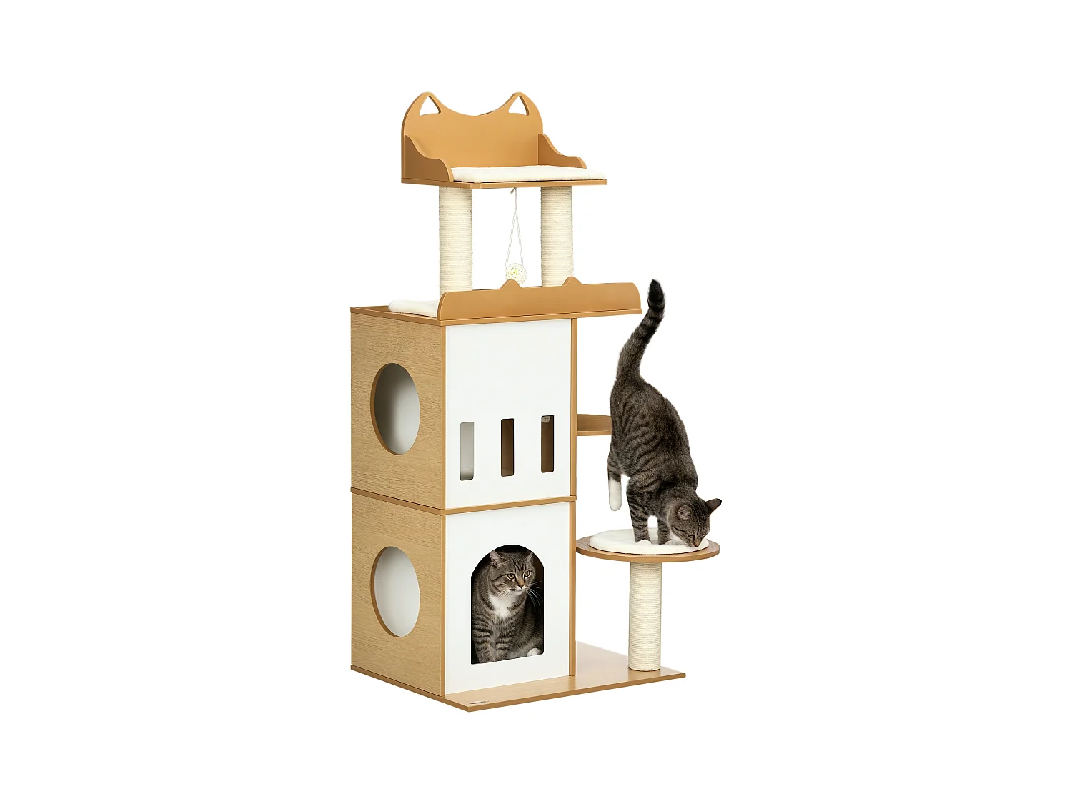 Arbre à chat design contemporain griffoir sisal naturel 2 niches plateformes jeu boule suspendue MDF blanc aspect hêtre clair