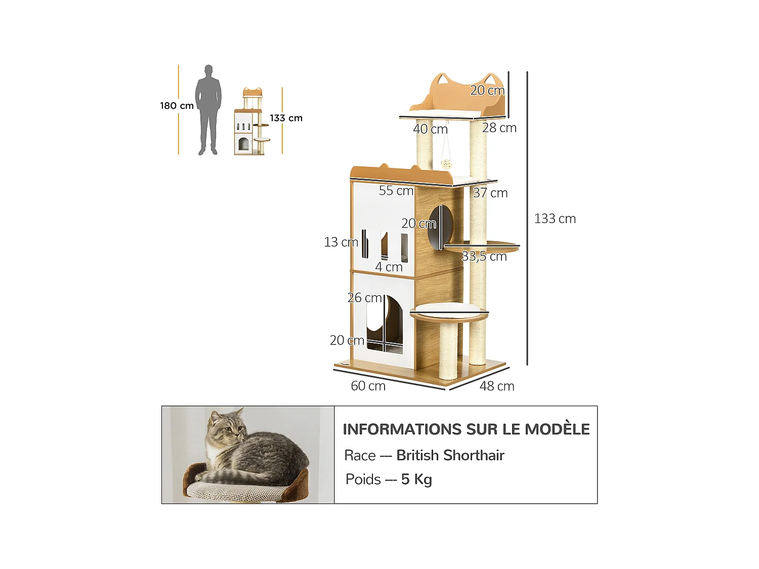 Arbre à chat design contemporain griffoir sisal naturel 2 niches plateformes jeu boule suspendue MDF blanc aspect hêtre clair