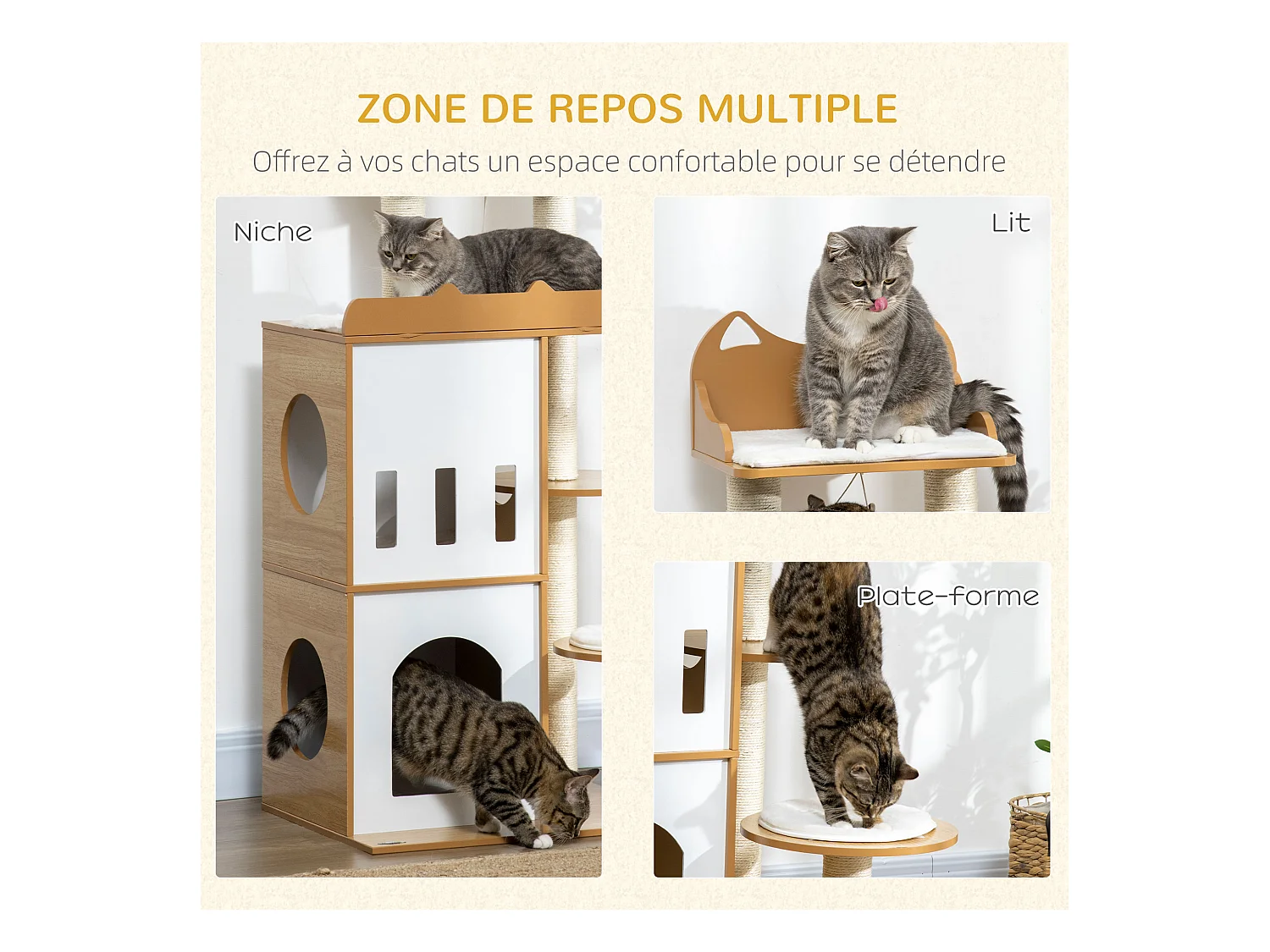 Arbre à chat design contemporain griffoir sisal naturel 2 niches plateformes jeu boule suspendue MDF blanc aspect hêtre clair