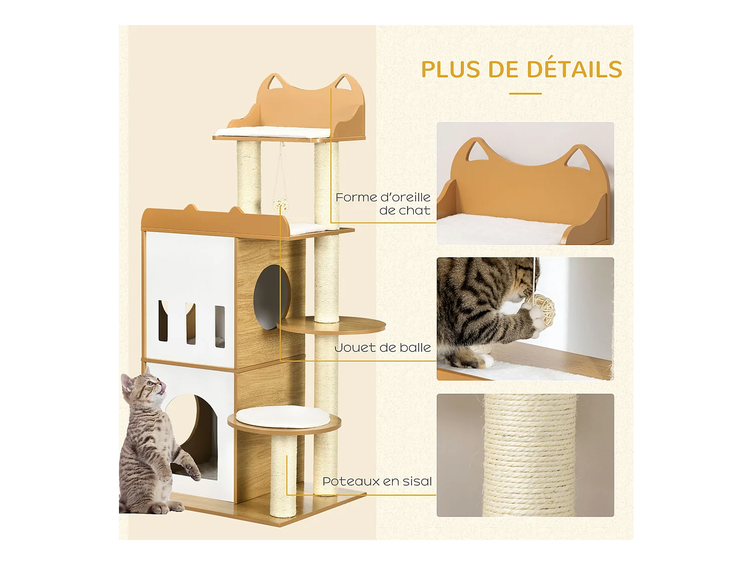 Arbre à chat design contemporain griffoir sisal naturel 2 niches plateformes jeu boule suspendue MDF blanc aspect hêtre clair