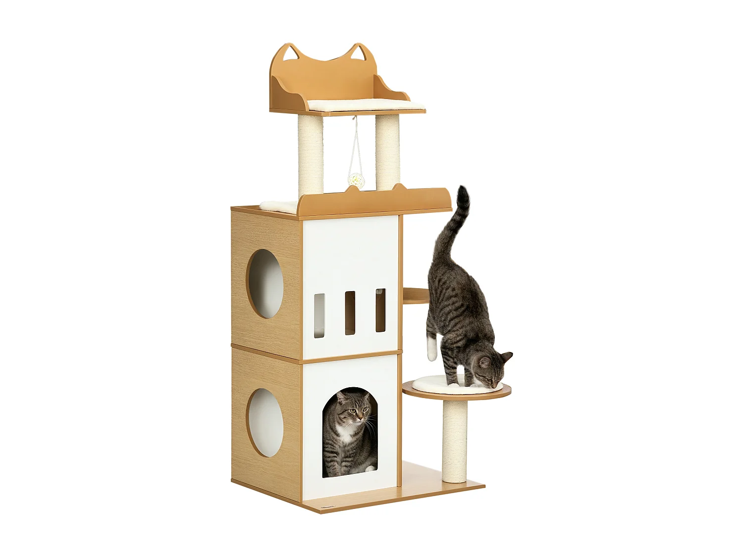 Arbre à chat design contemporain griffoir sisal naturel 2 niches plateformes jeu boule suspendue MDF blanc aspect hêtre clair