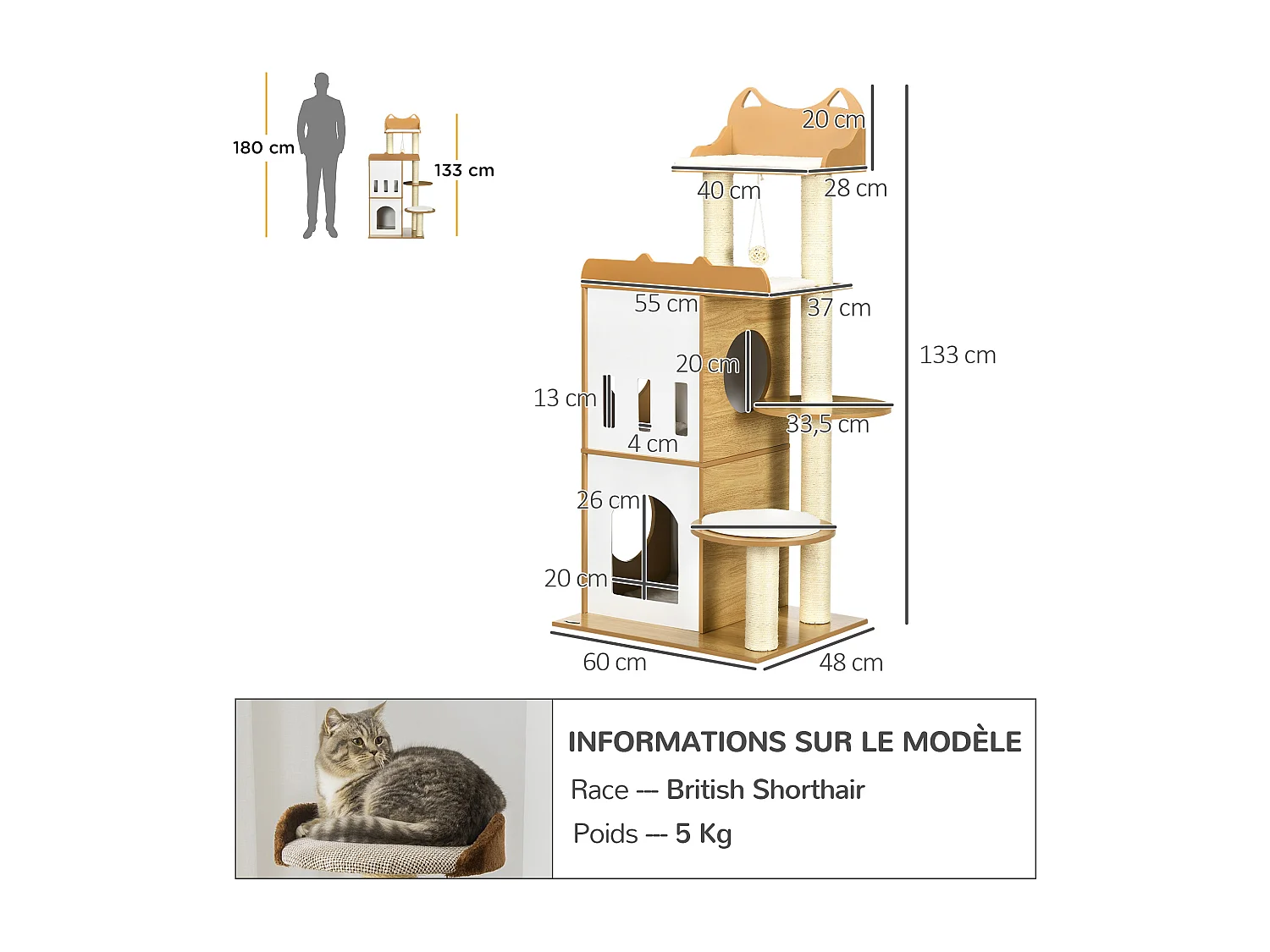 Arbre à chat design contemporain griffoir sisal naturel 2 niches plateformes jeu boule suspendue MDF blanc aspect hêtre clair